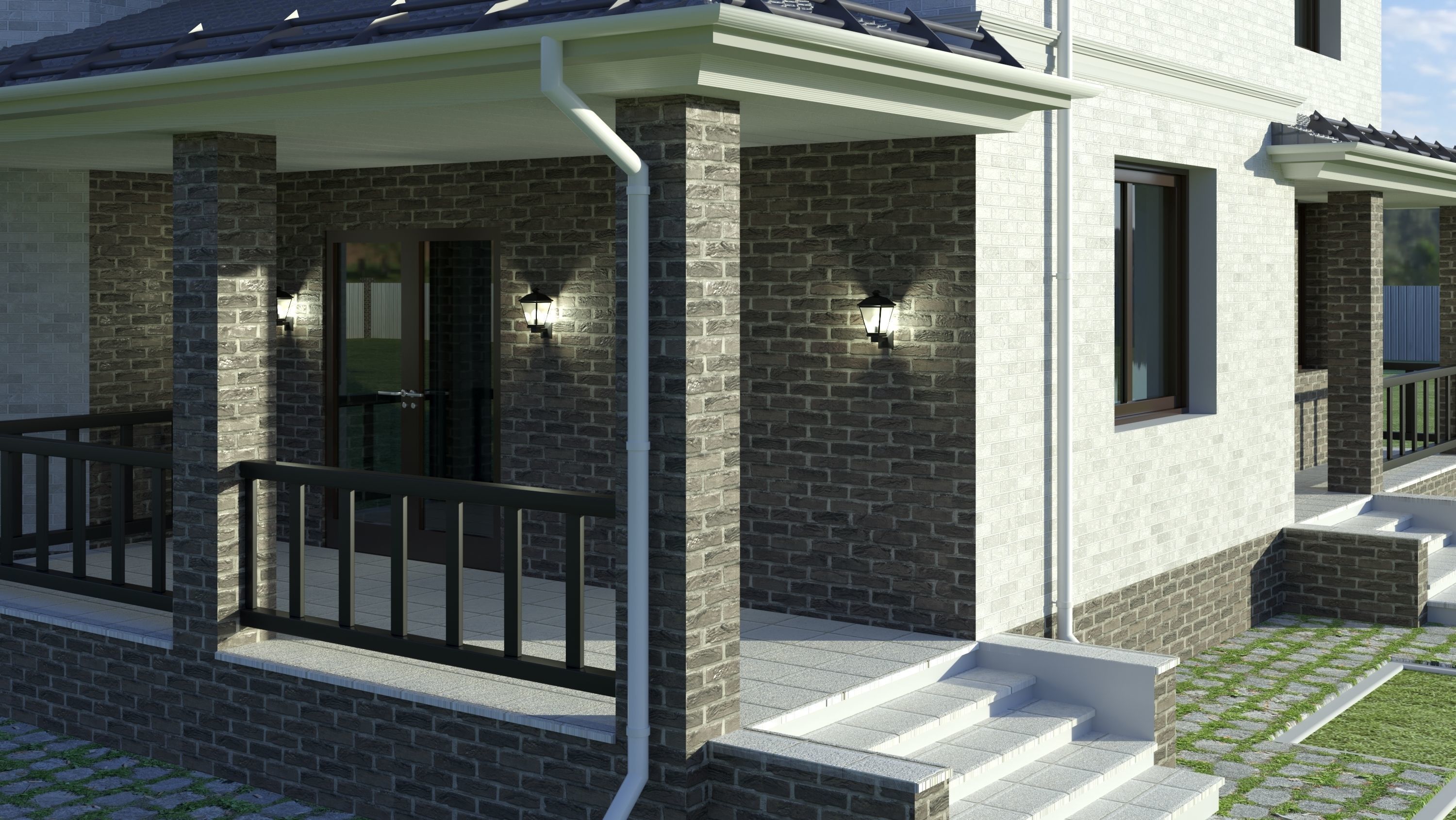 Cottage house on grassy field Low-poly 3D model_3