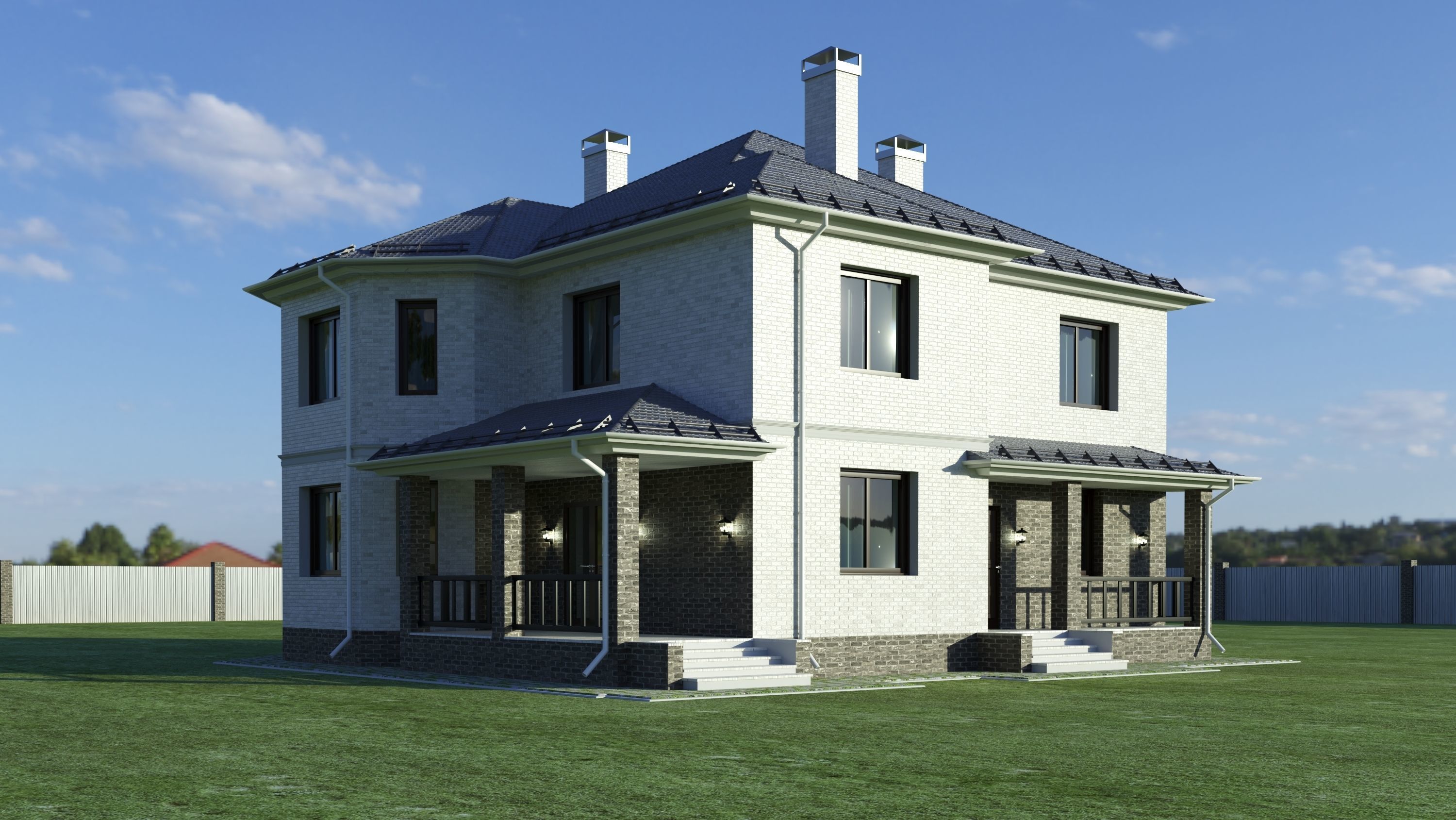 Cottage house on grassy field Low-poly 3D model_1