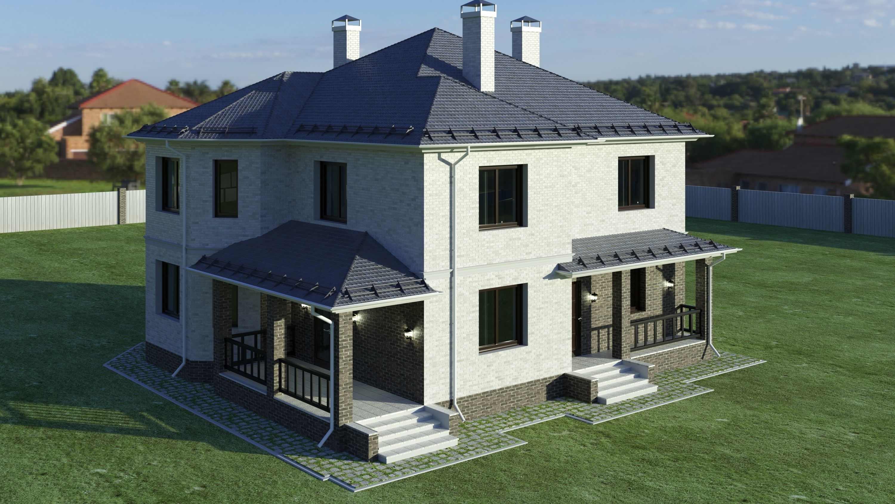 Cottage house on grassy field Low-poly 3D model_2