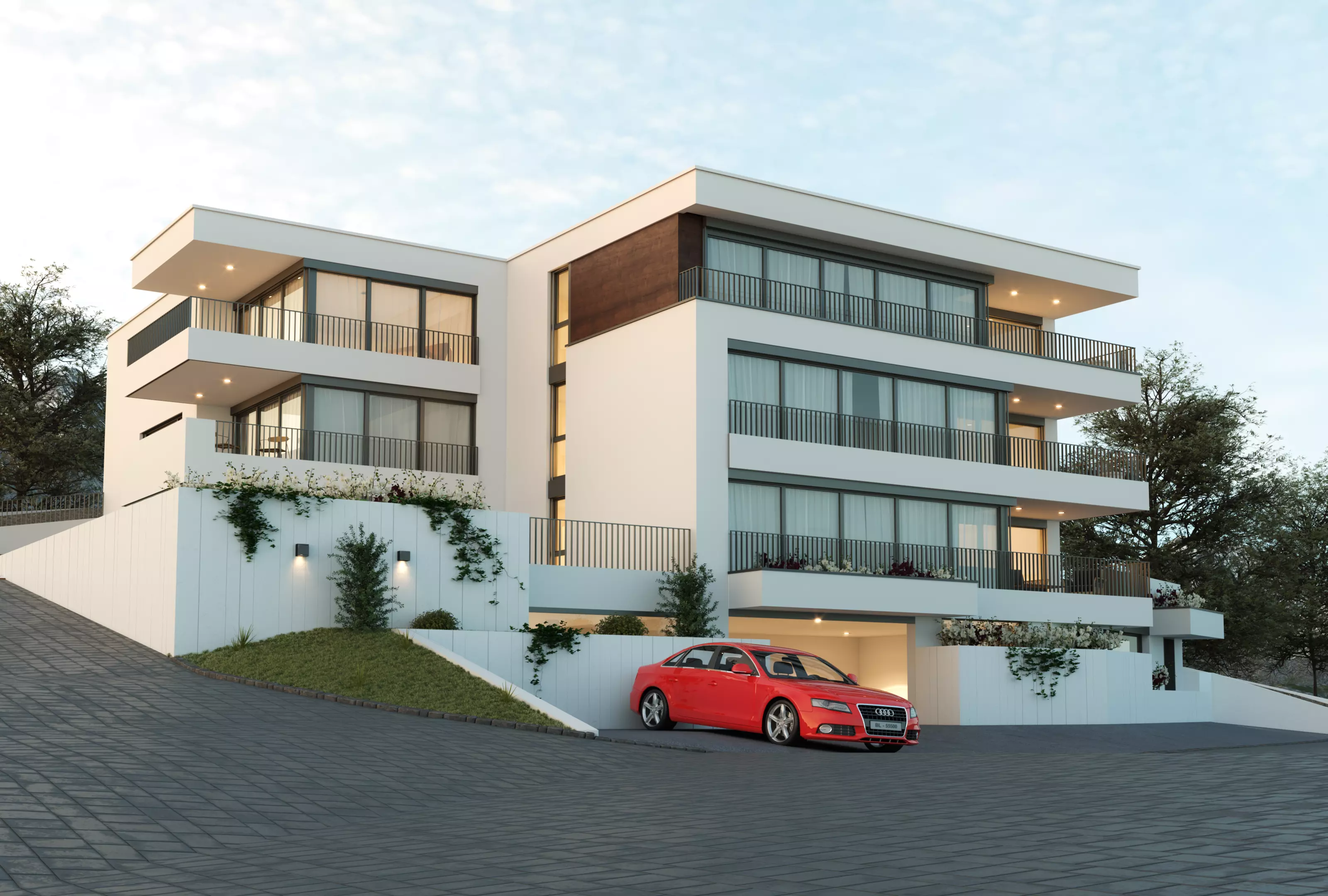 Exterior render modern house with car parked 3D model_0