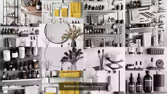 Bathroom Collection round mirror on table with books and plants 