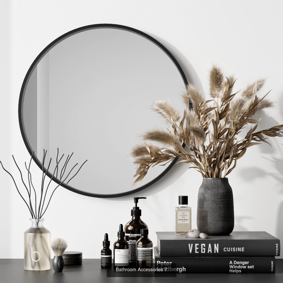 Bathroom Collection round mirror on table with books and plants _8