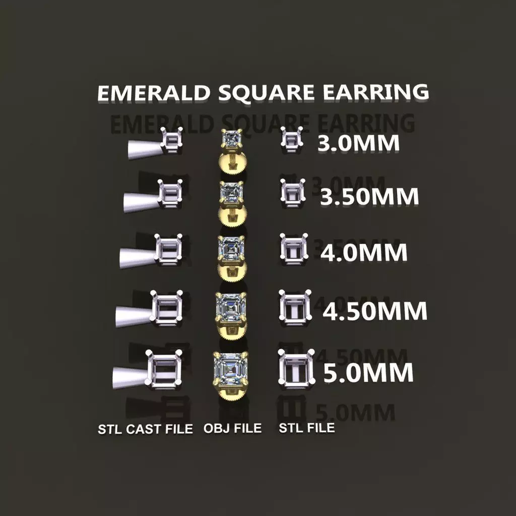 SQUARE EMERALD CUT 4 PRONG SOLITAIRE EARRING Mix Size 3D print model_0