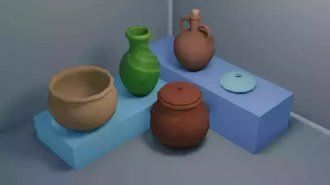 Pot set 1 clay Low-poly 3D model
