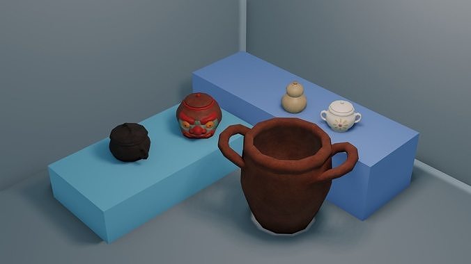 Pot set 2 jar with face Low-poly 3D model