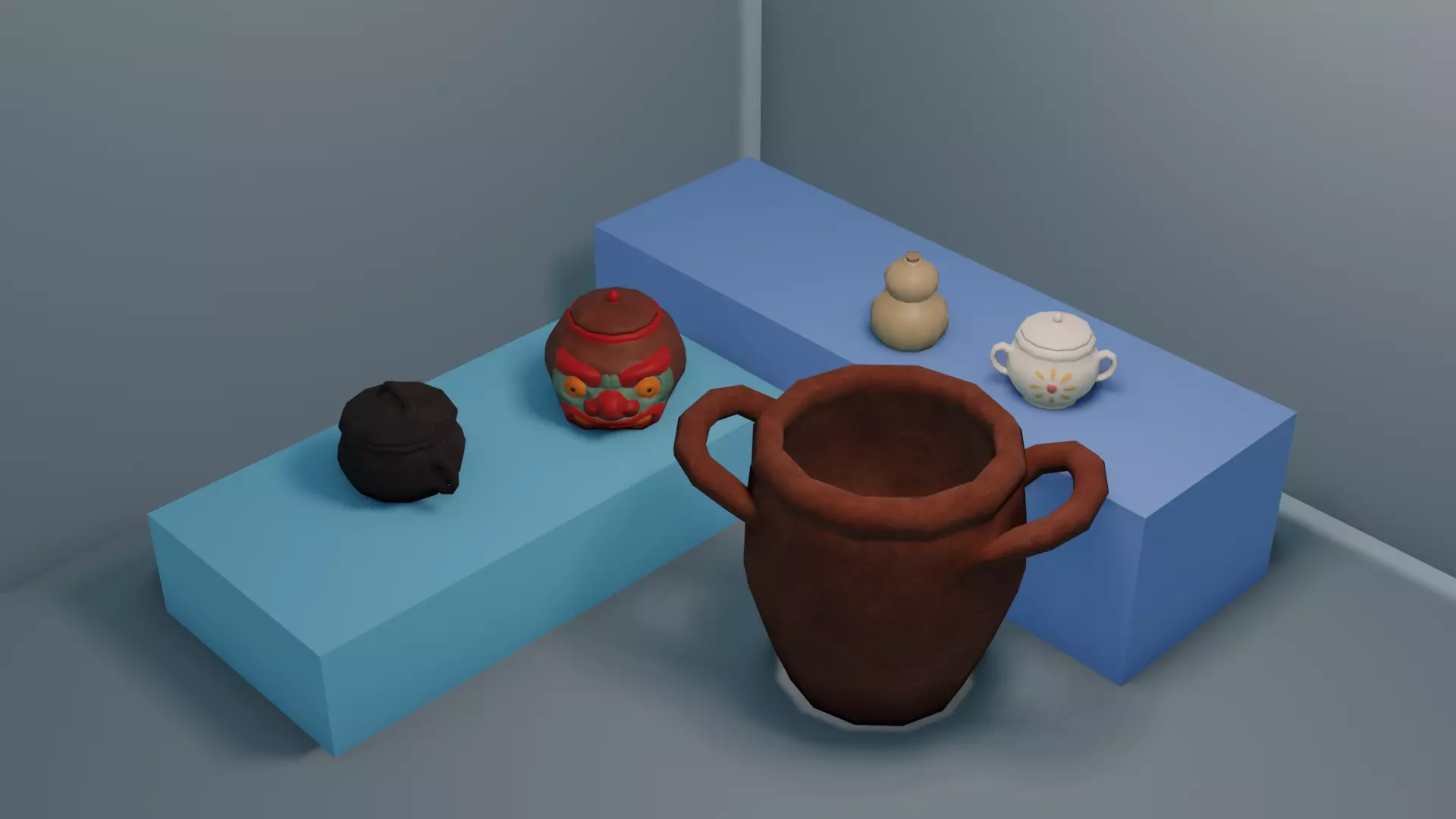 Pot set 2 jar with face Low-poly 3D model_0