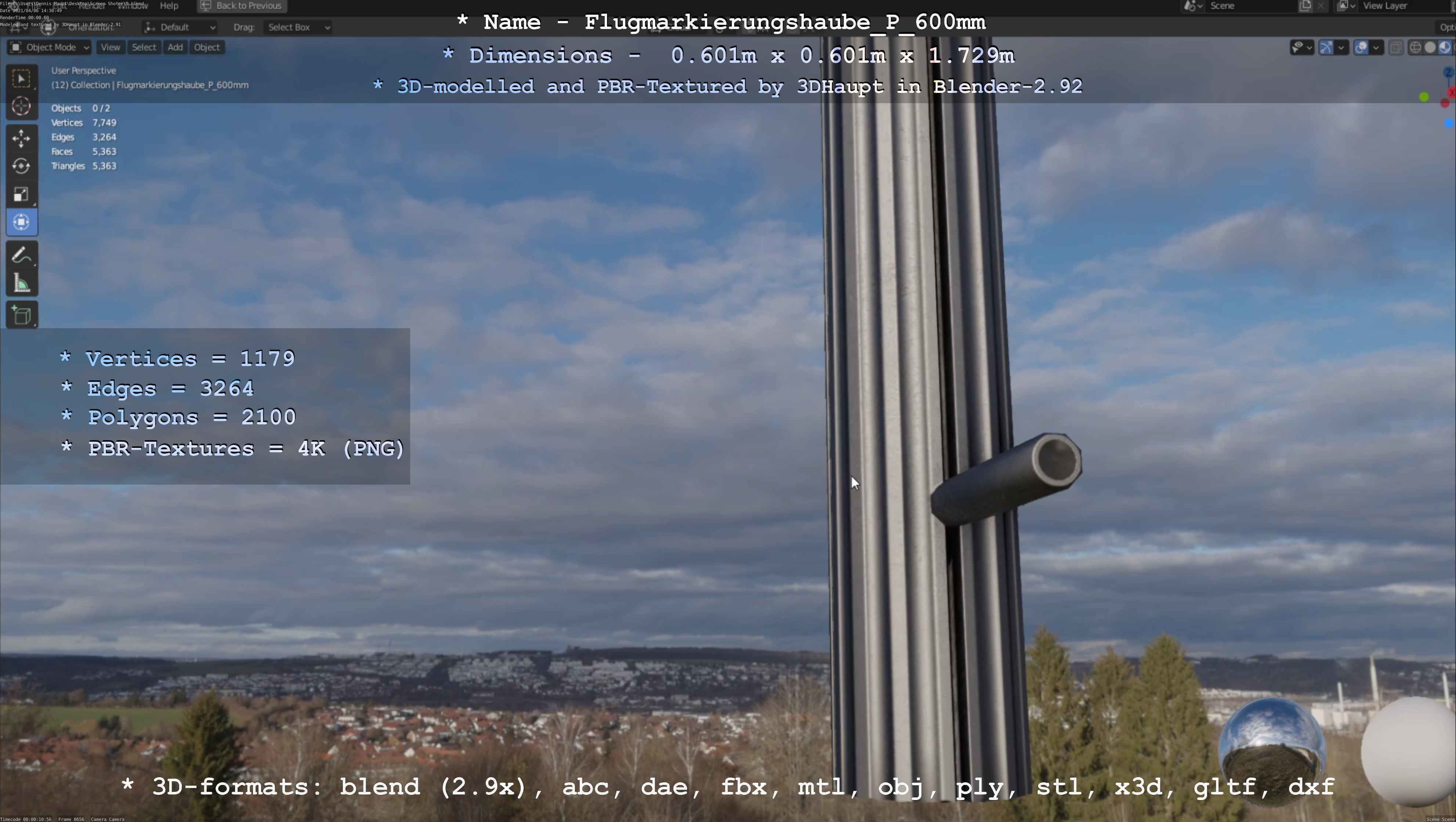 Flugmarkierungshaube mit Aluminiumpfosten  600mm Low-poly 3D model_122