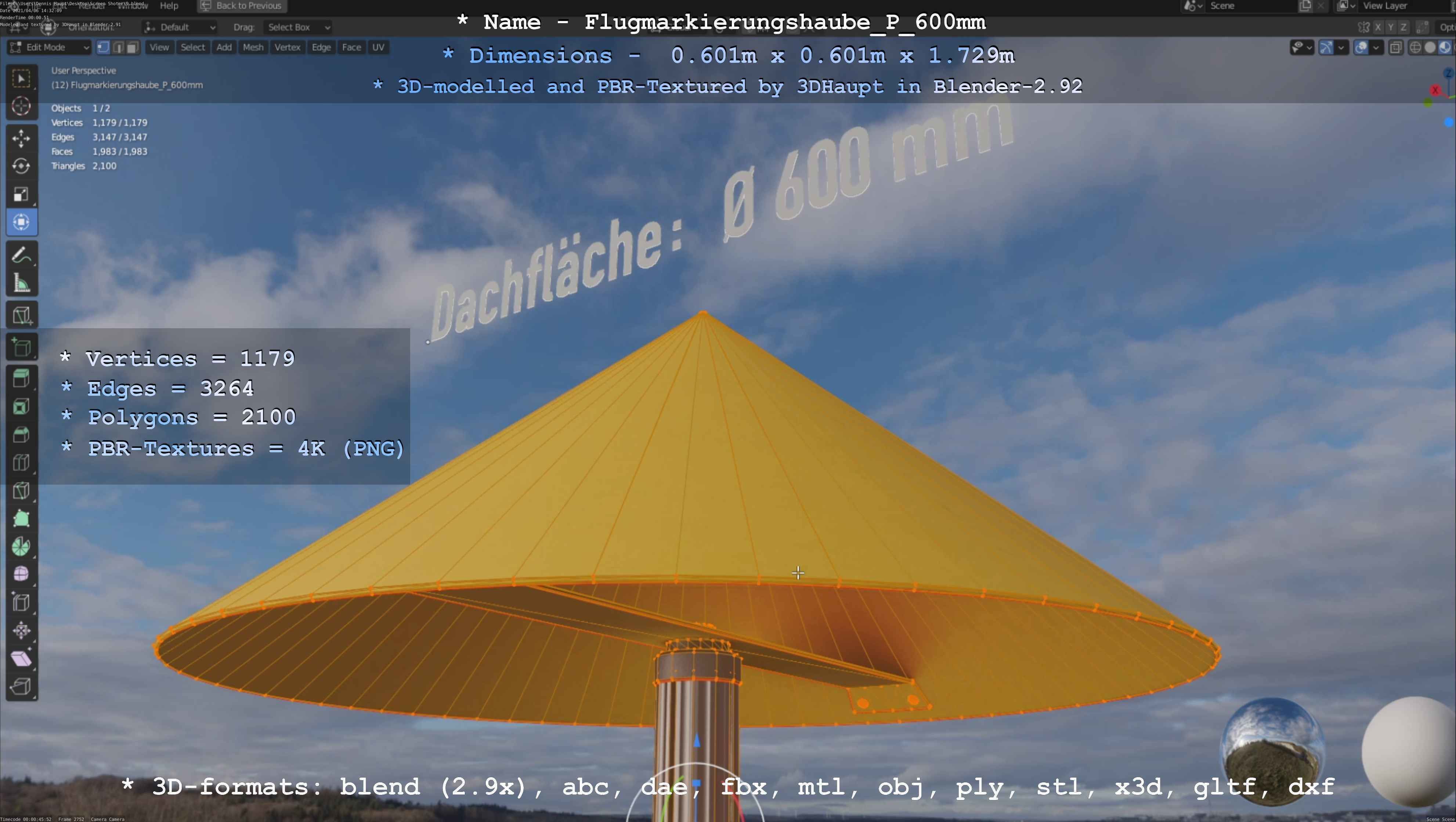 Flugmarkierungshaube mit Aluminiumpfosten  600mm Low-poly 3D model_73