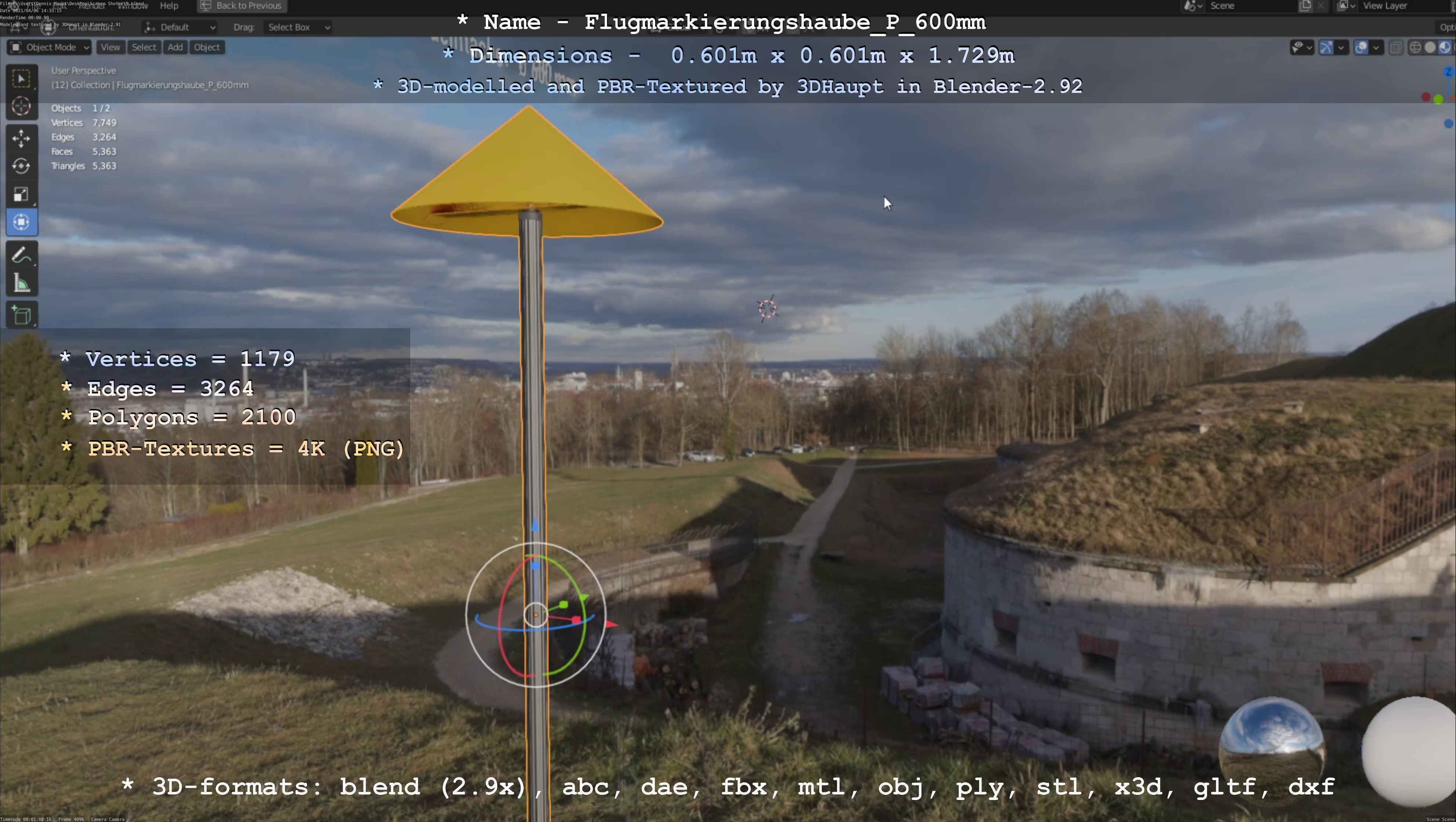 Flugmarkierungshaube mit Aluminiumpfosten  600mm Low-poly 3D model_102