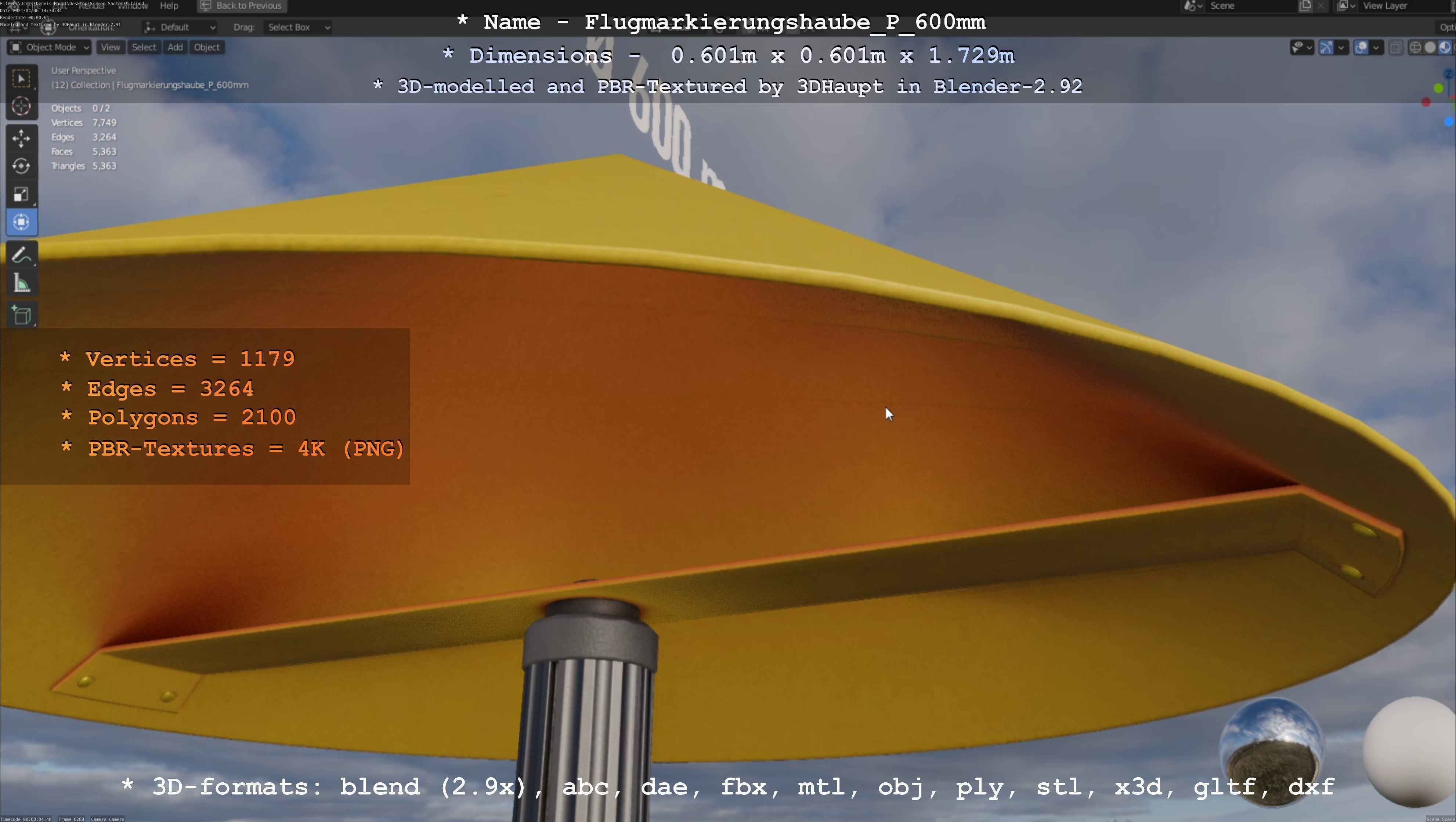 Flugmarkierungshaube mit Aluminiumpfosten  600mm Low-poly 3D model_116