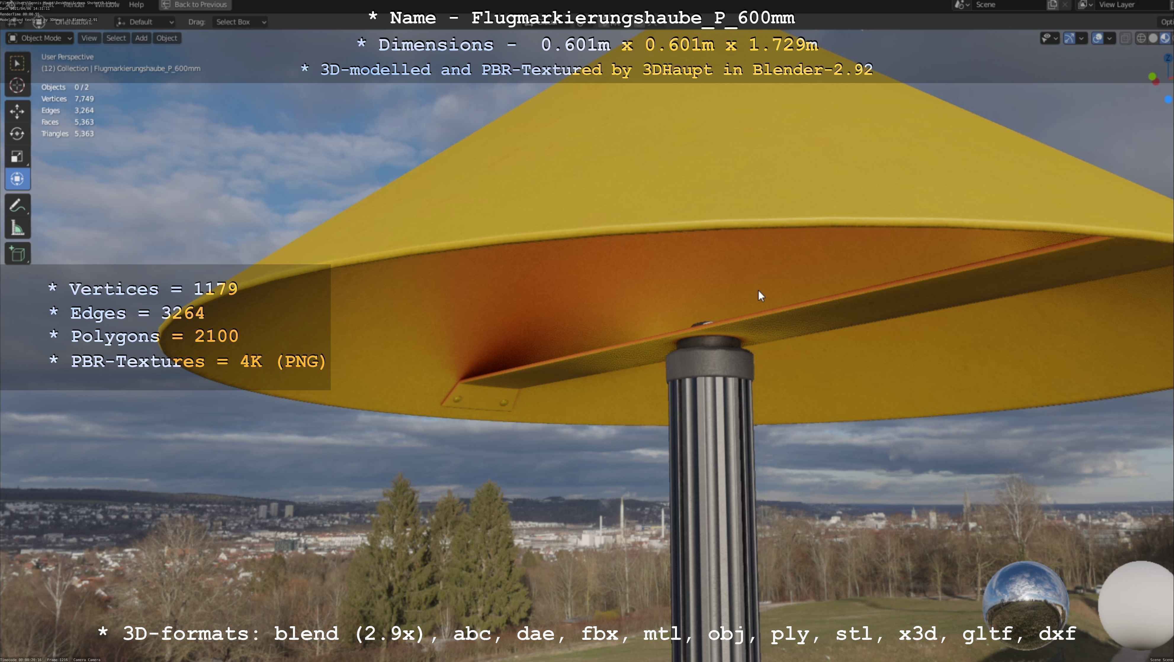 Flugmarkierungshaube mit Aluminiumpfosten  600mm Low-poly 3D model_20