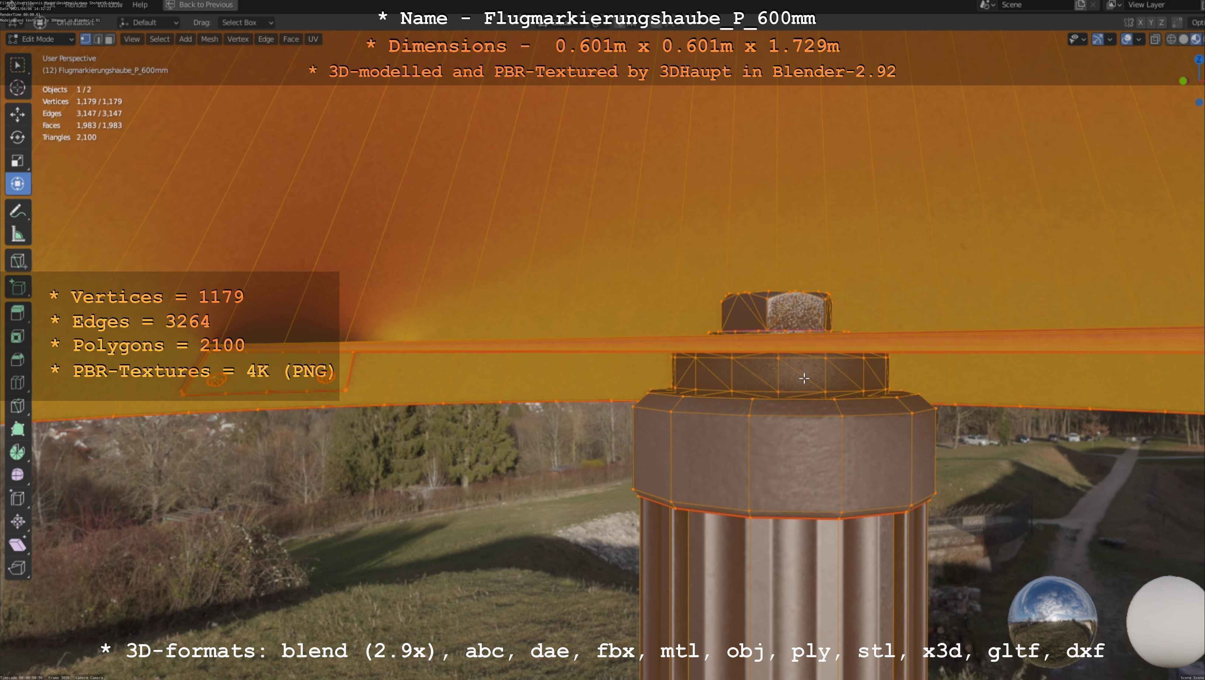 Flugmarkierungshaube mit Aluminiumpfosten  600mm Low-poly 3D model_76