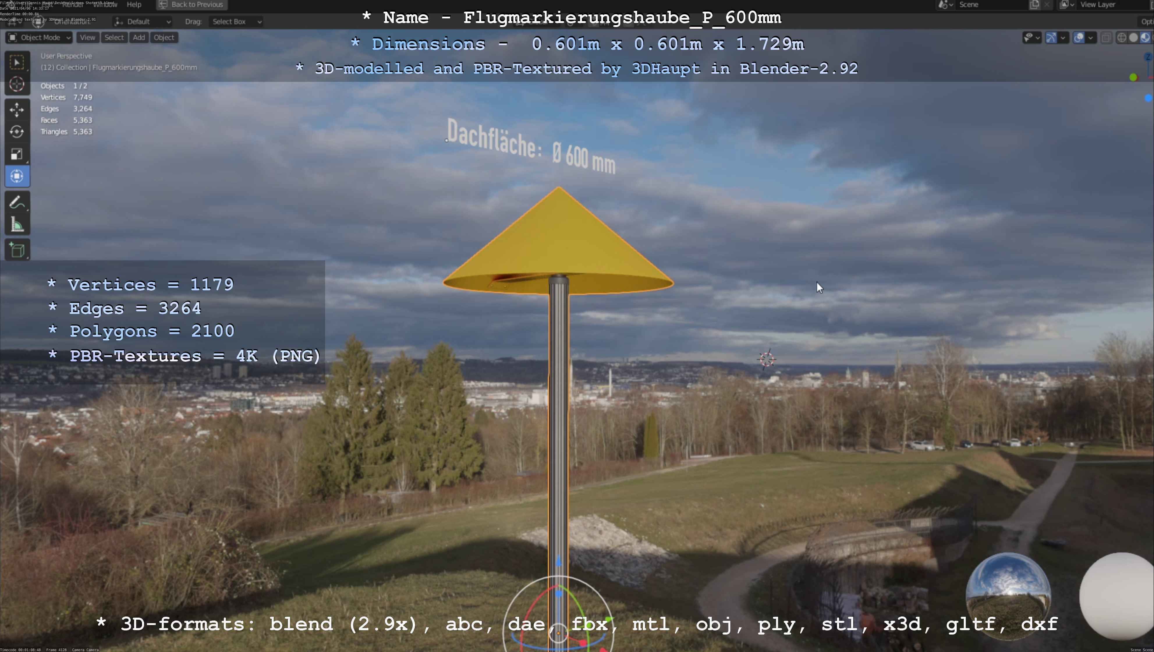 Flugmarkierungshaube mit Aluminiumpfosten  600mm Low-poly 3D model_108