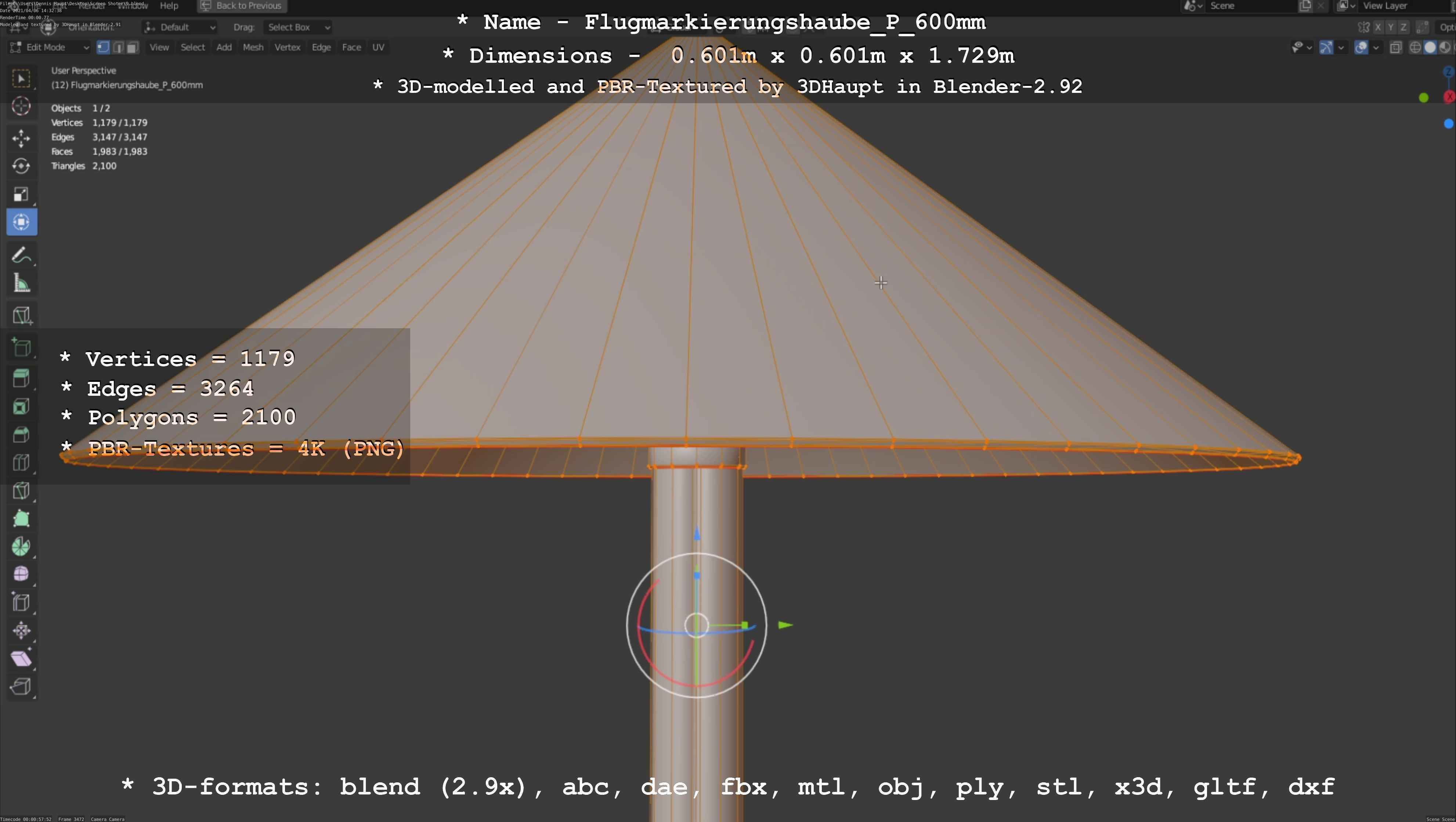 Flugmarkierungshaube mit Aluminiumpfosten  600mm Low-poly 3D model_85