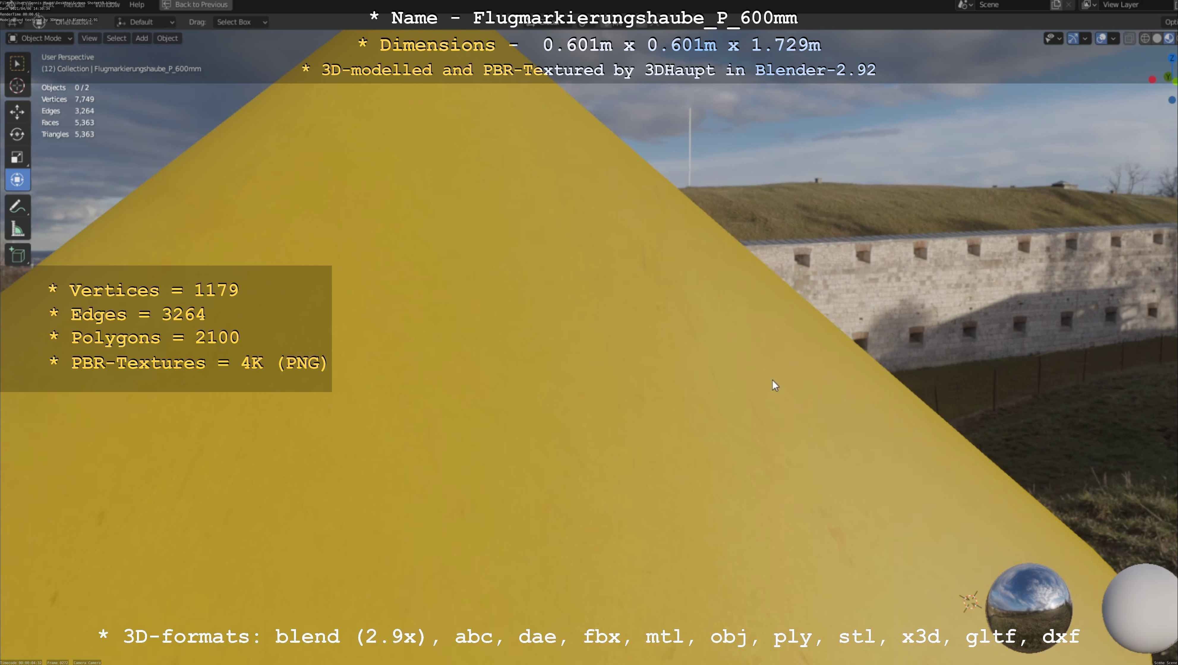 Flugmarkierungshaube mit Aluminiumpfosten  600mm Low-poly 3D model_6