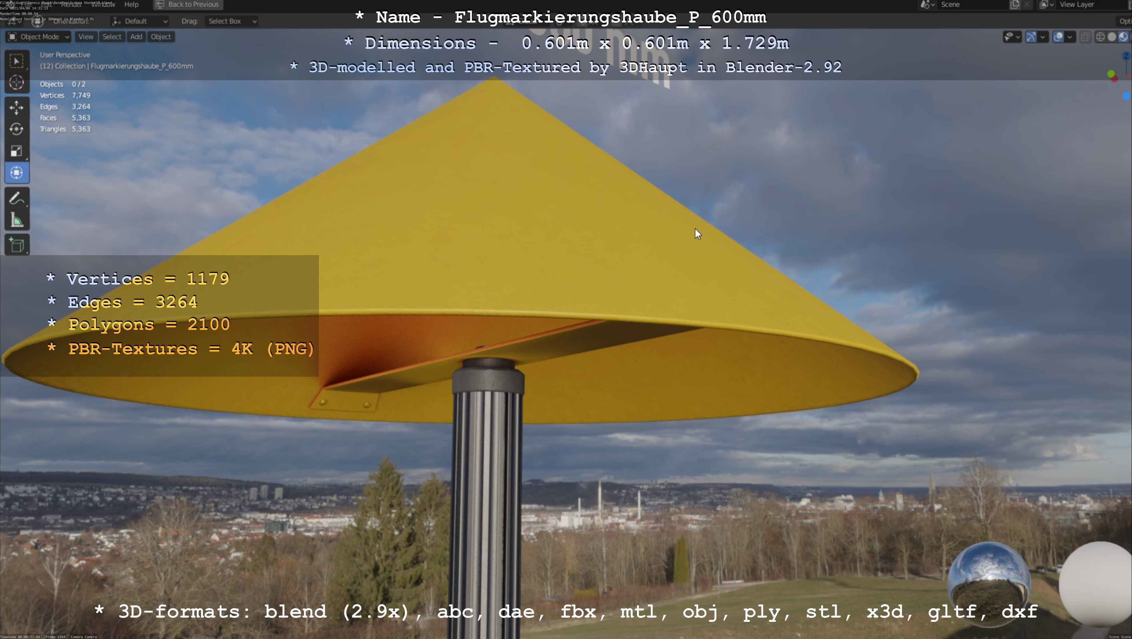 Flugmarkierungshaube mit Aluminiumpfosten  600mm Low-poly 3D model_127