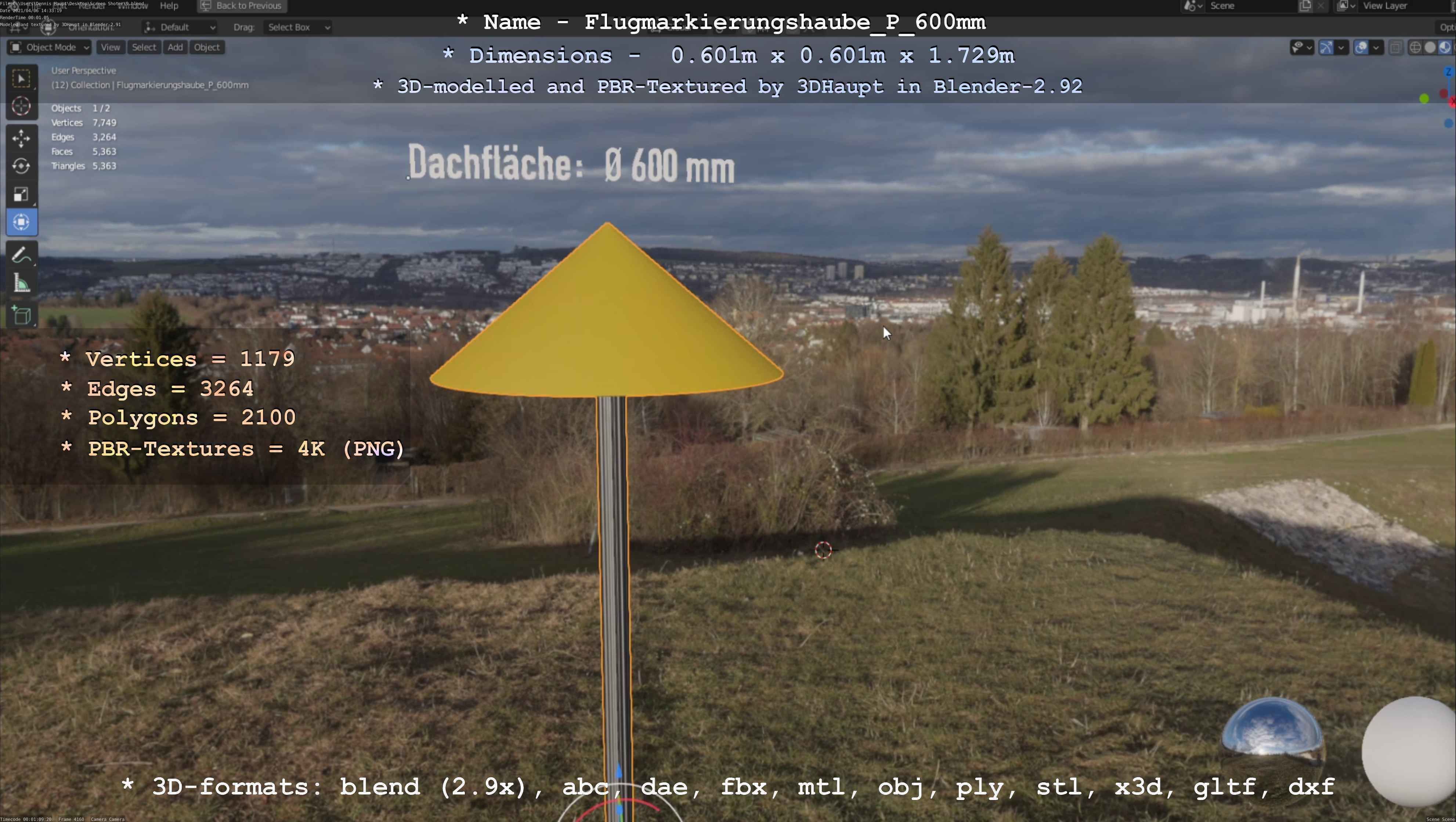 Flugmarkierungshaube mit Aluminiumpfosten  600mm Low-poly 3D model_107