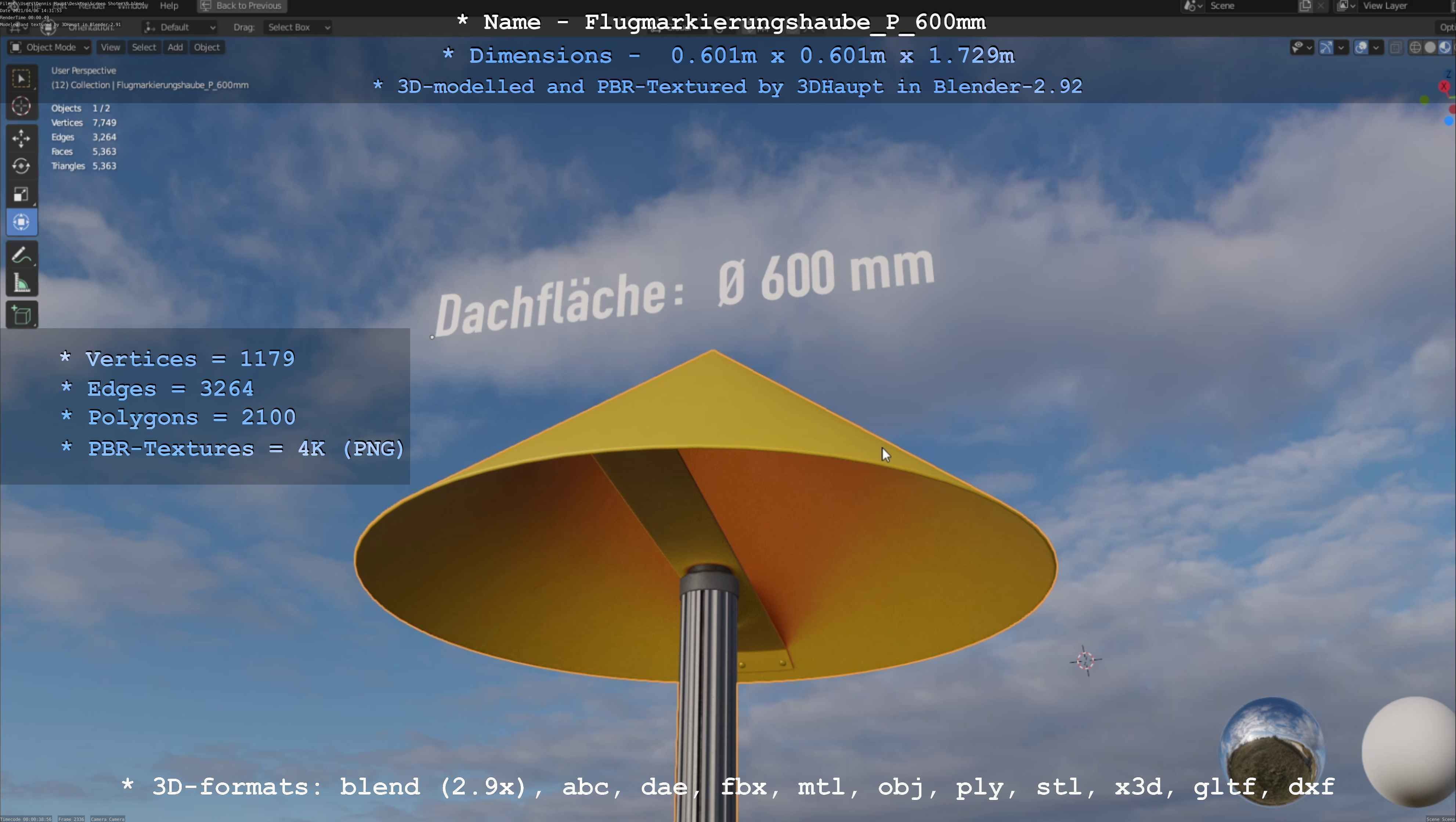 Flugmarkierungshaube mit Aluminiumpfosten  600mm Low-poly 3D model_61
