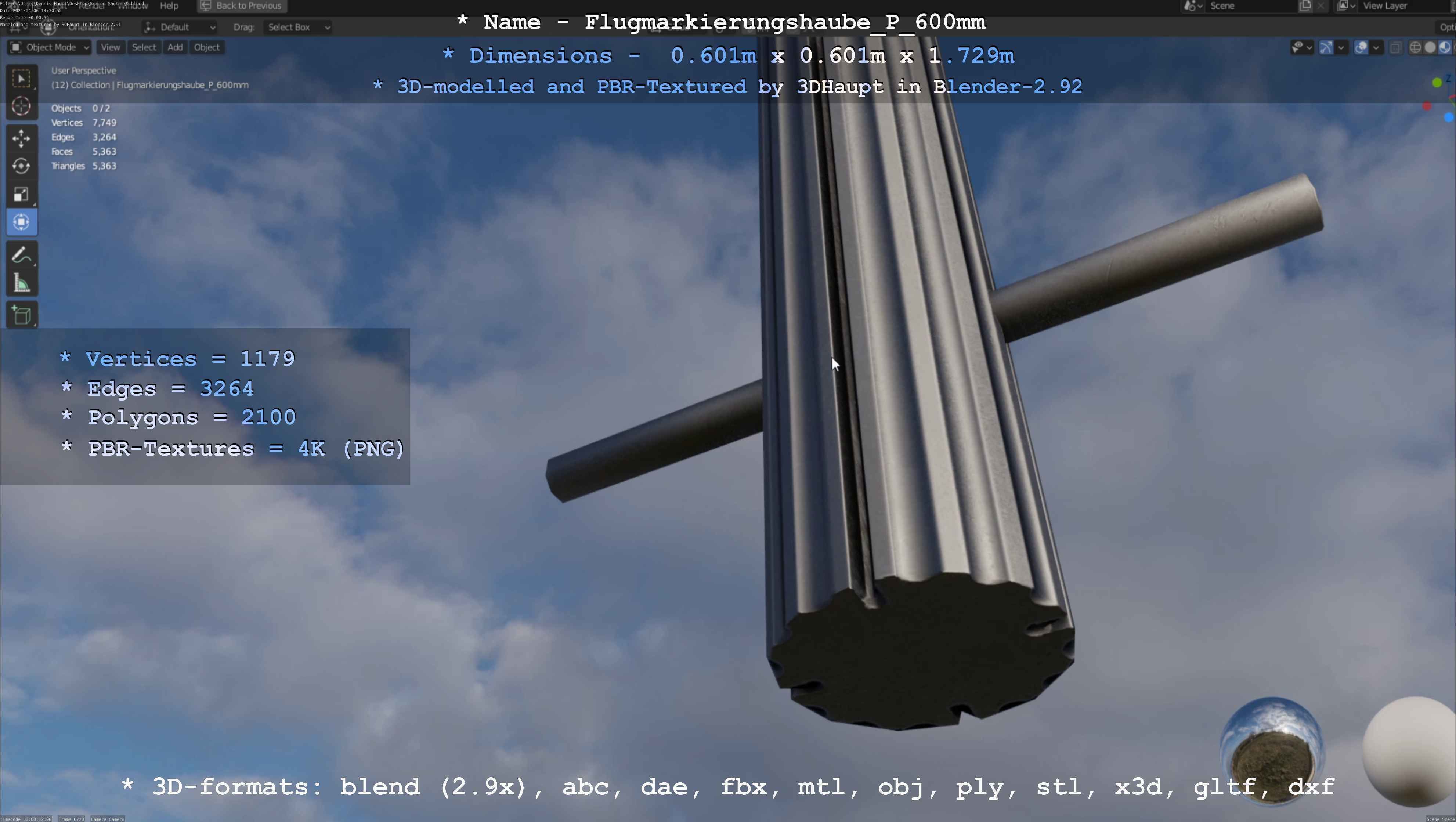Flugmarkierungshaube mit Aluminiumpfosten  600mm Low-poly 3D model_126