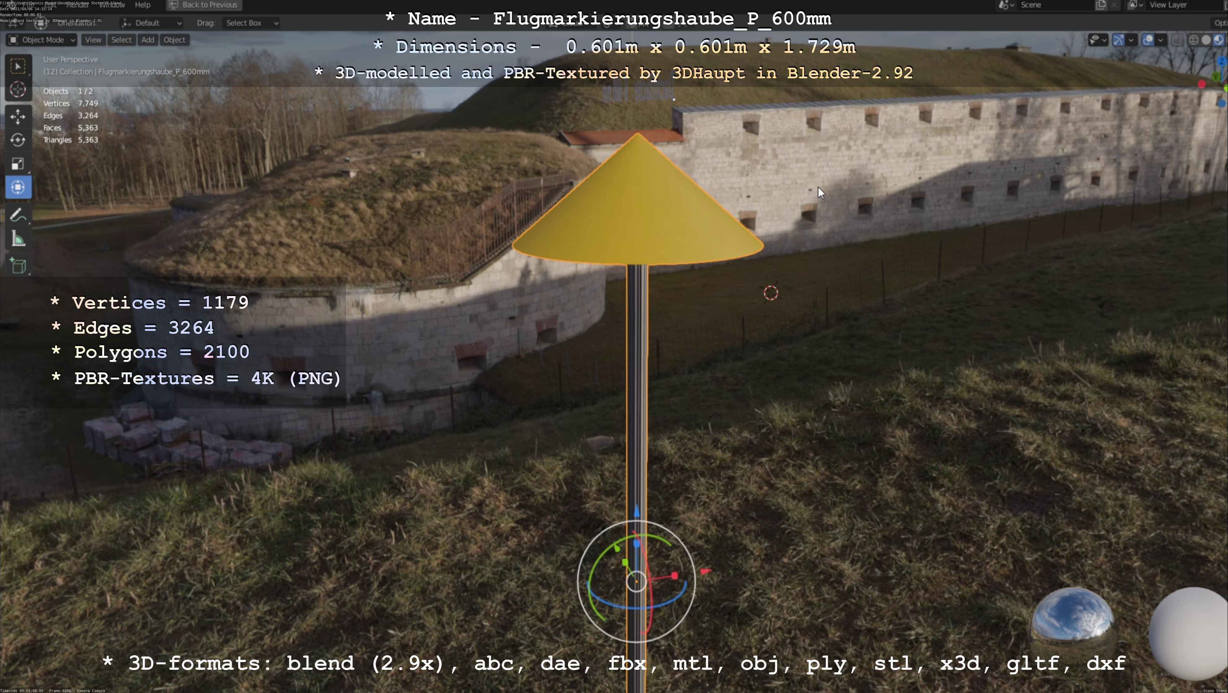 Flugmarkierungshaube mit Aluminiumpfosten  600mm Low-poly 3D model_101