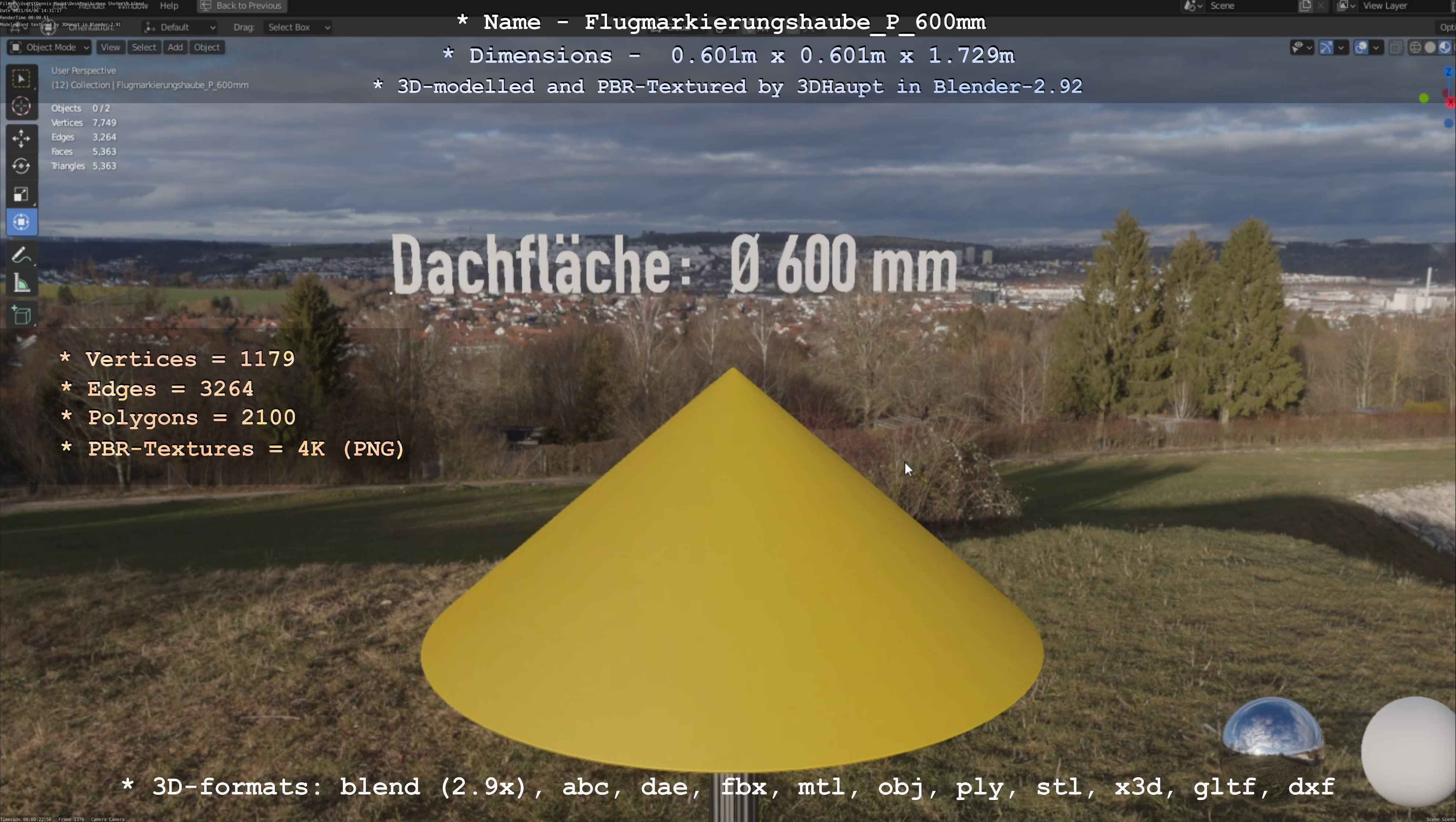 Flugmarkierungshaube mit Aluminiumpfosten  600mm Low-poly 3D model_23