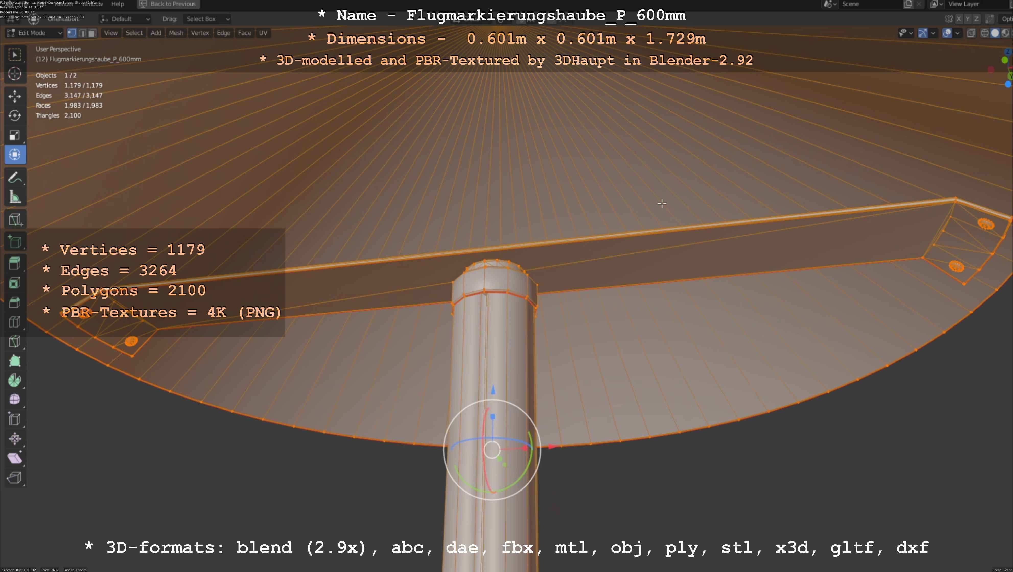 Flugmarkierungshaube mit Aluminiumpfosten  600mm Low-poly 3D model_33