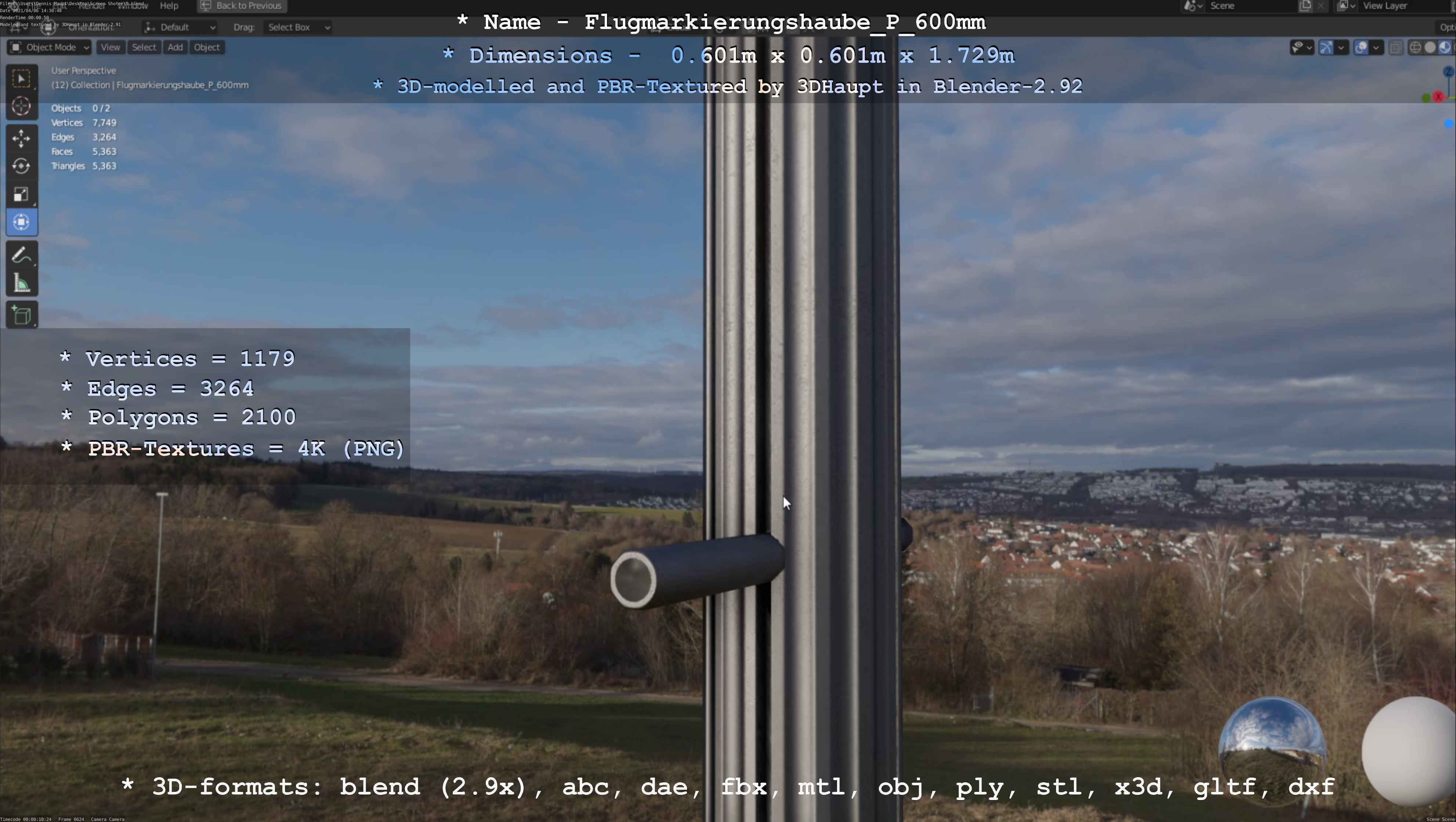 Flugmarkierungshaube mit Aluminiumpfosten  600mm Low-poly 3D model_123