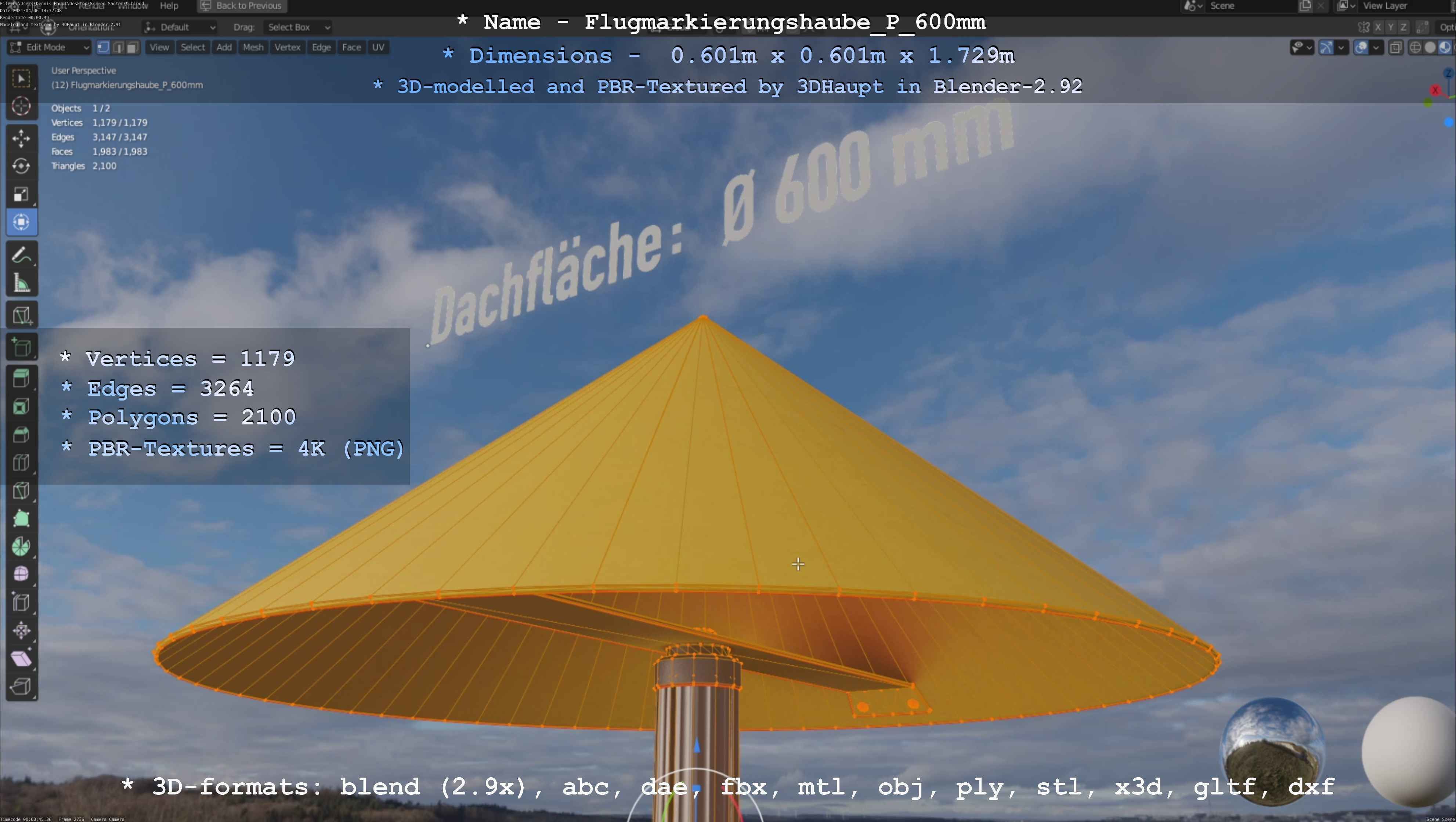 Flugmarkierungshaube mit Aluminiumpfosten  600mm Low-poly 3D model_67