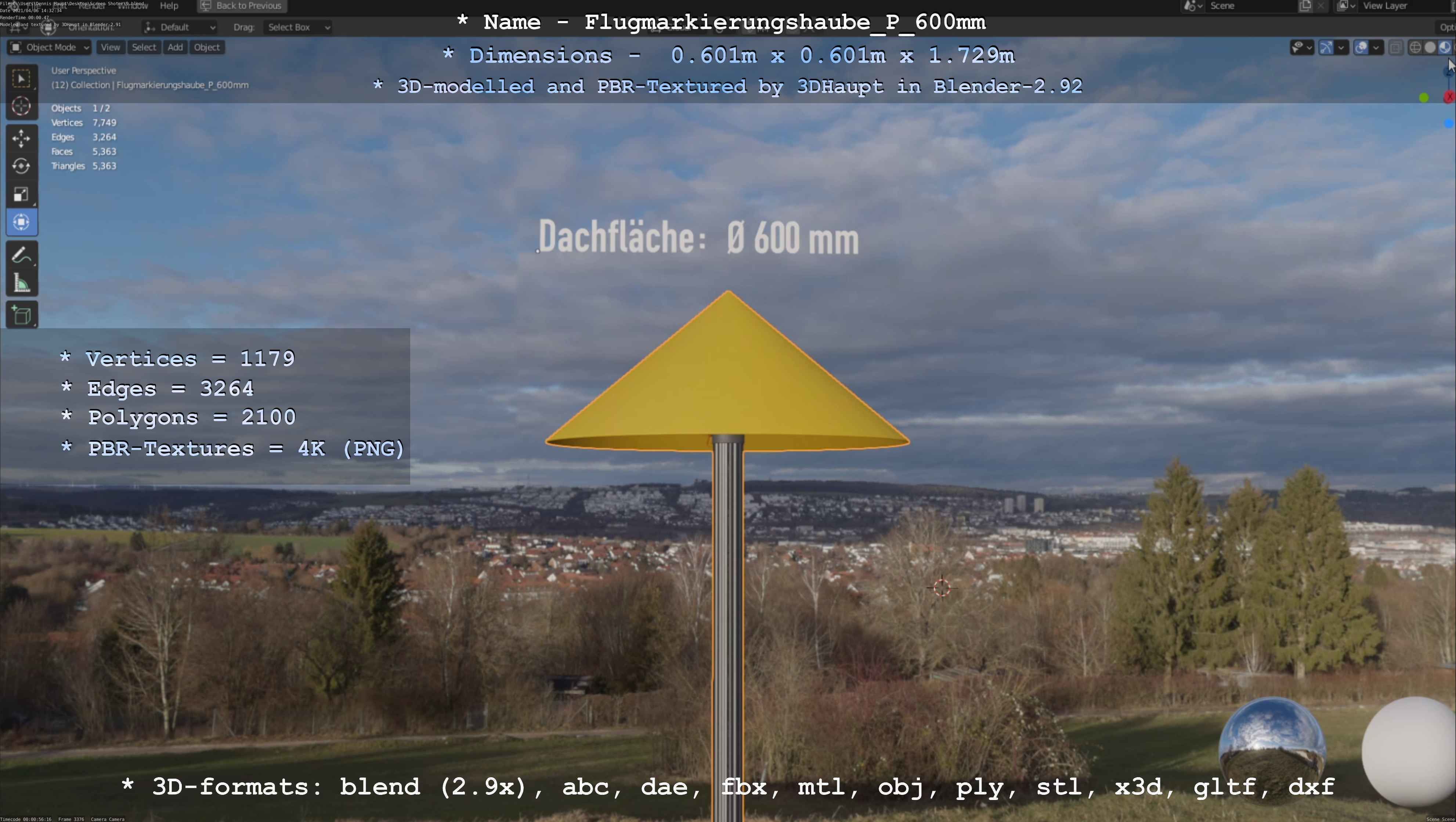 Flugmarkierungshaube mit Aluminiumpfosten  600mm Low-poly 3D model_89