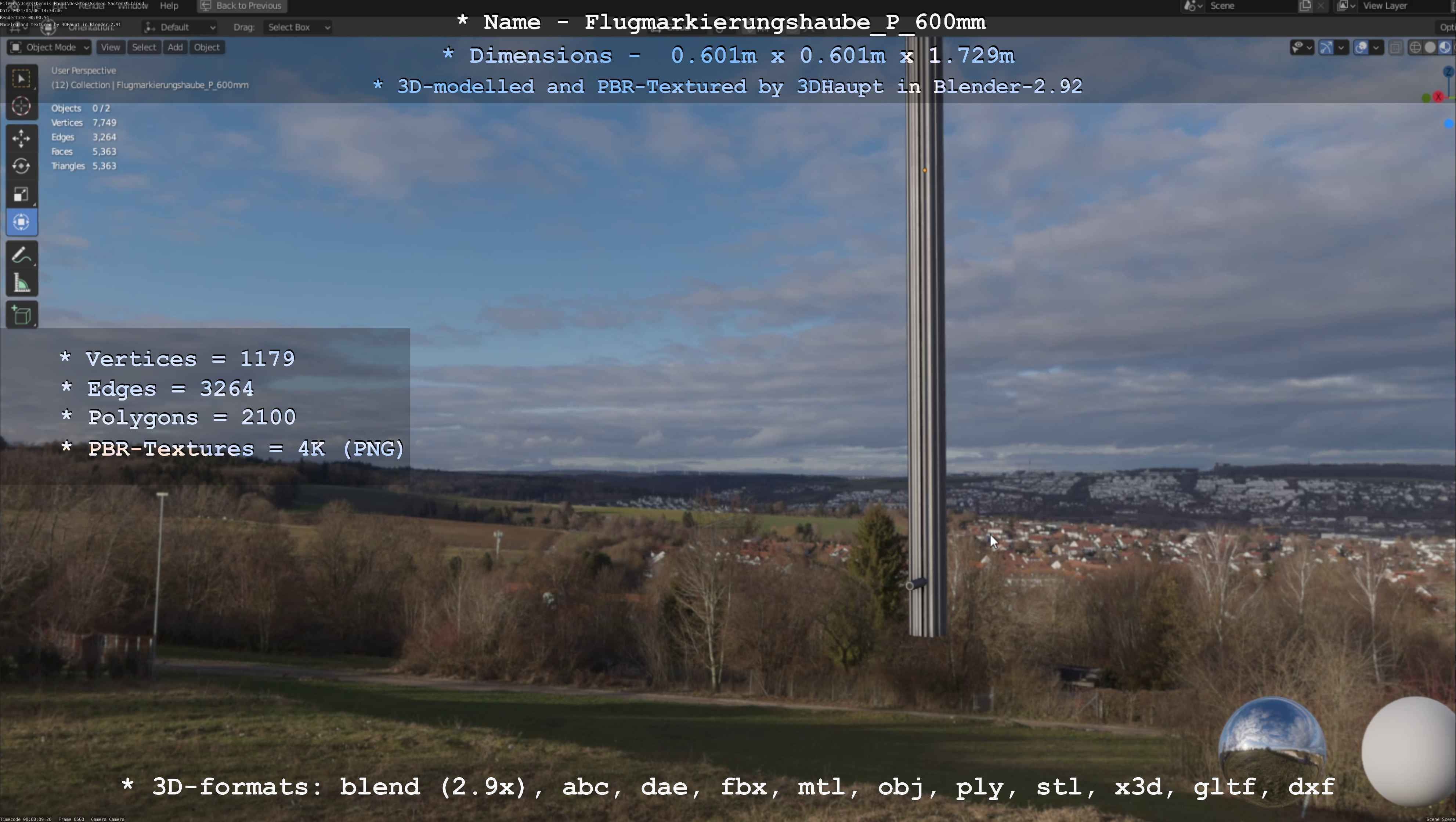 Flugmarkierungshaube mit Aluminiumpfosten  600mm Low-poly 3D model_112