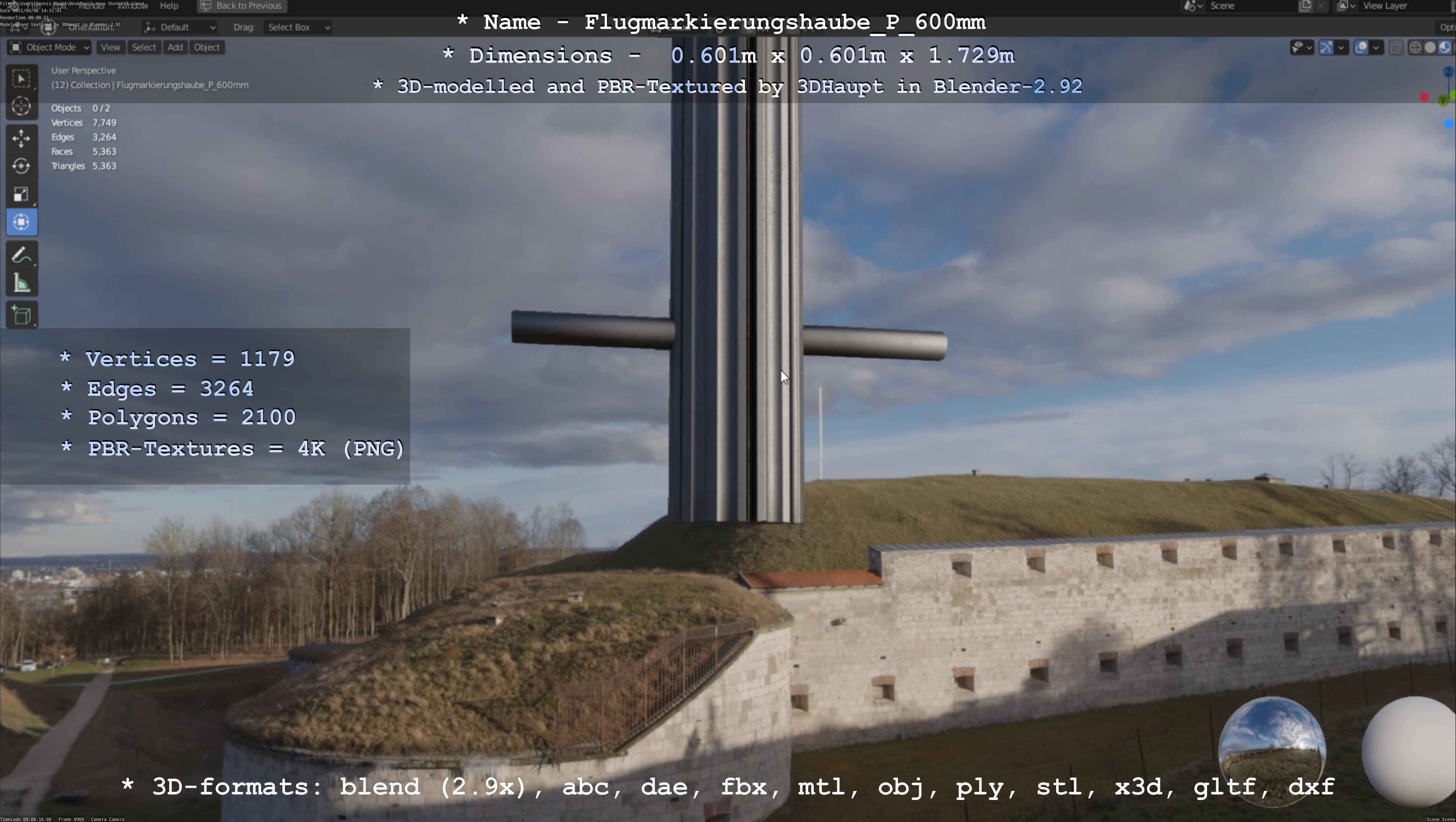 Flugmarkierungshaube mit Aluminiumpfosten  600mm Low-poly 3D model_125