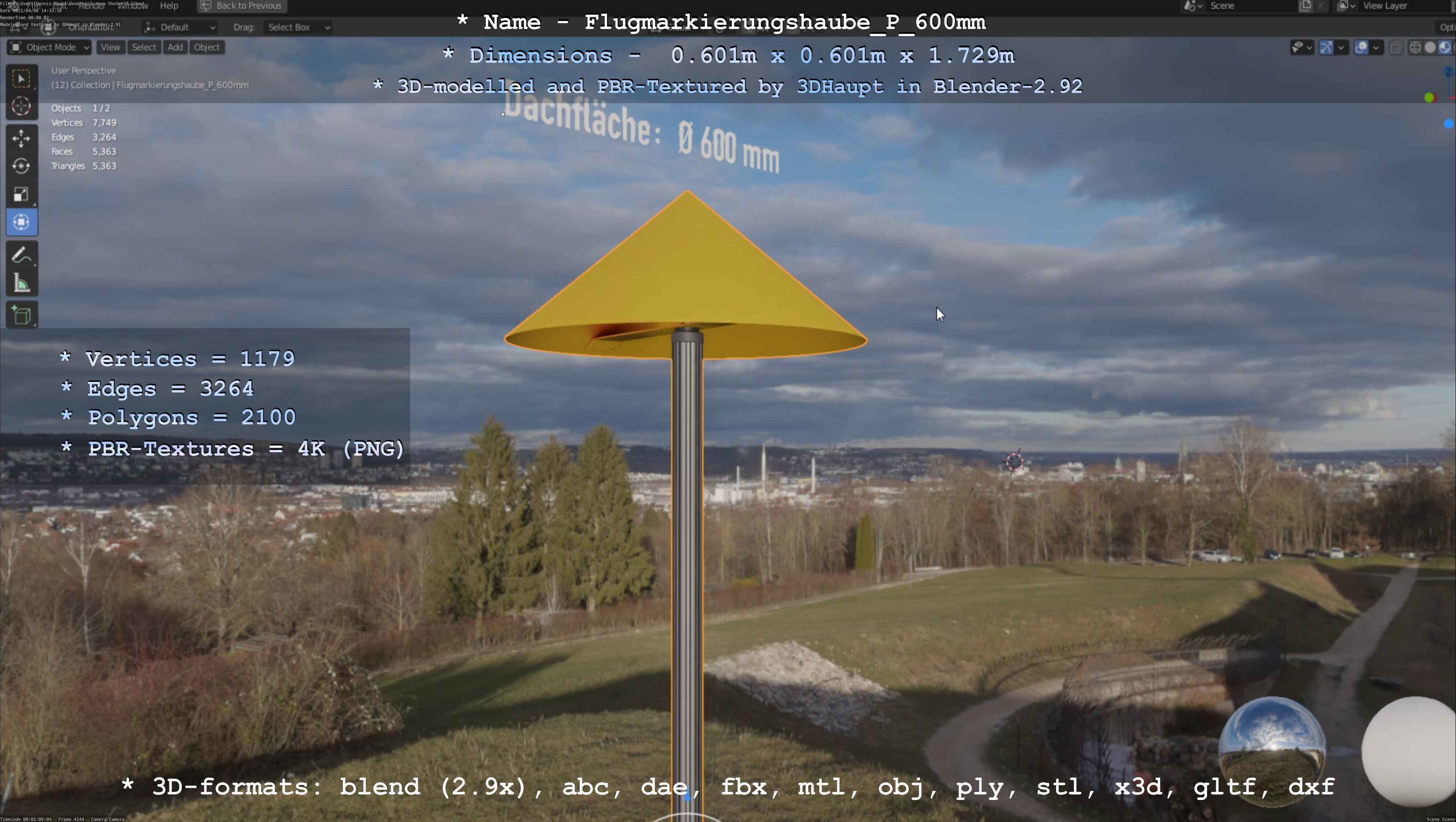 Flugmarkierungshaube mit Aluminiumpfosten  600mm Low-poly 3D model_106