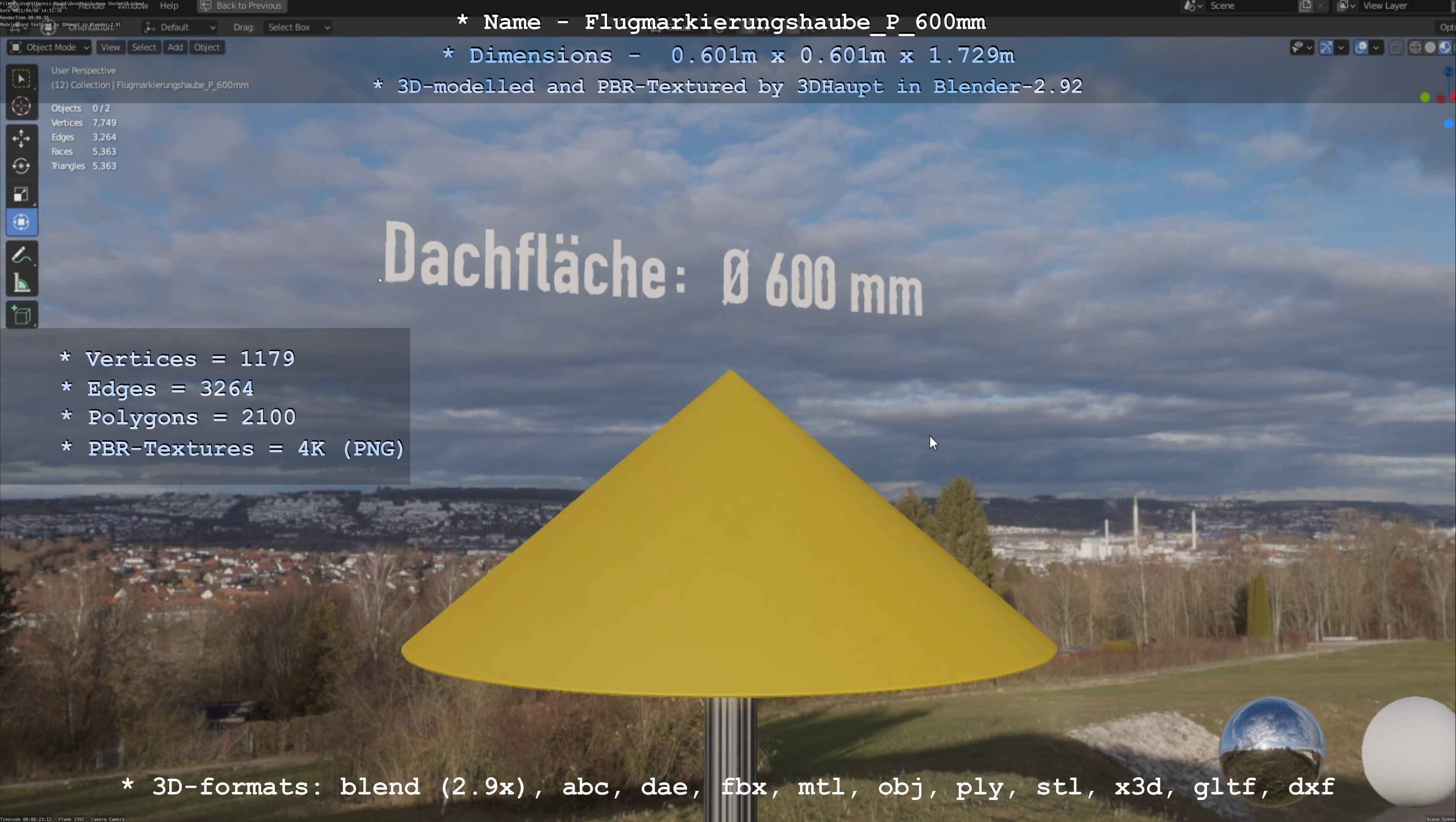 Flugmarkierungshaube mit Aluminiumpfosten  600mm Low-poly 3D model_38