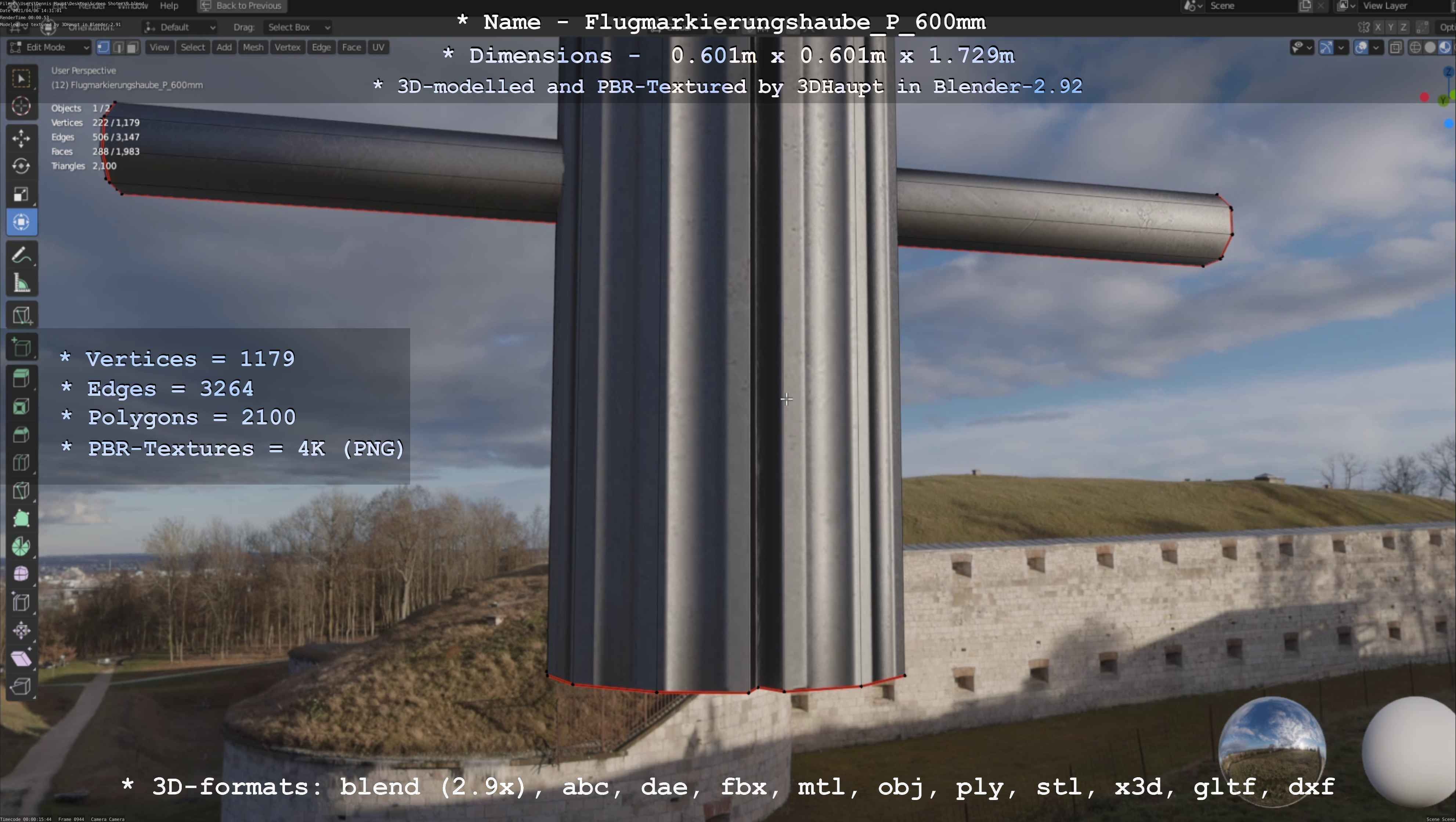 Flugmarkierungshaube mit Aluminiumpfosten  600mm Low-poly 3D model_132