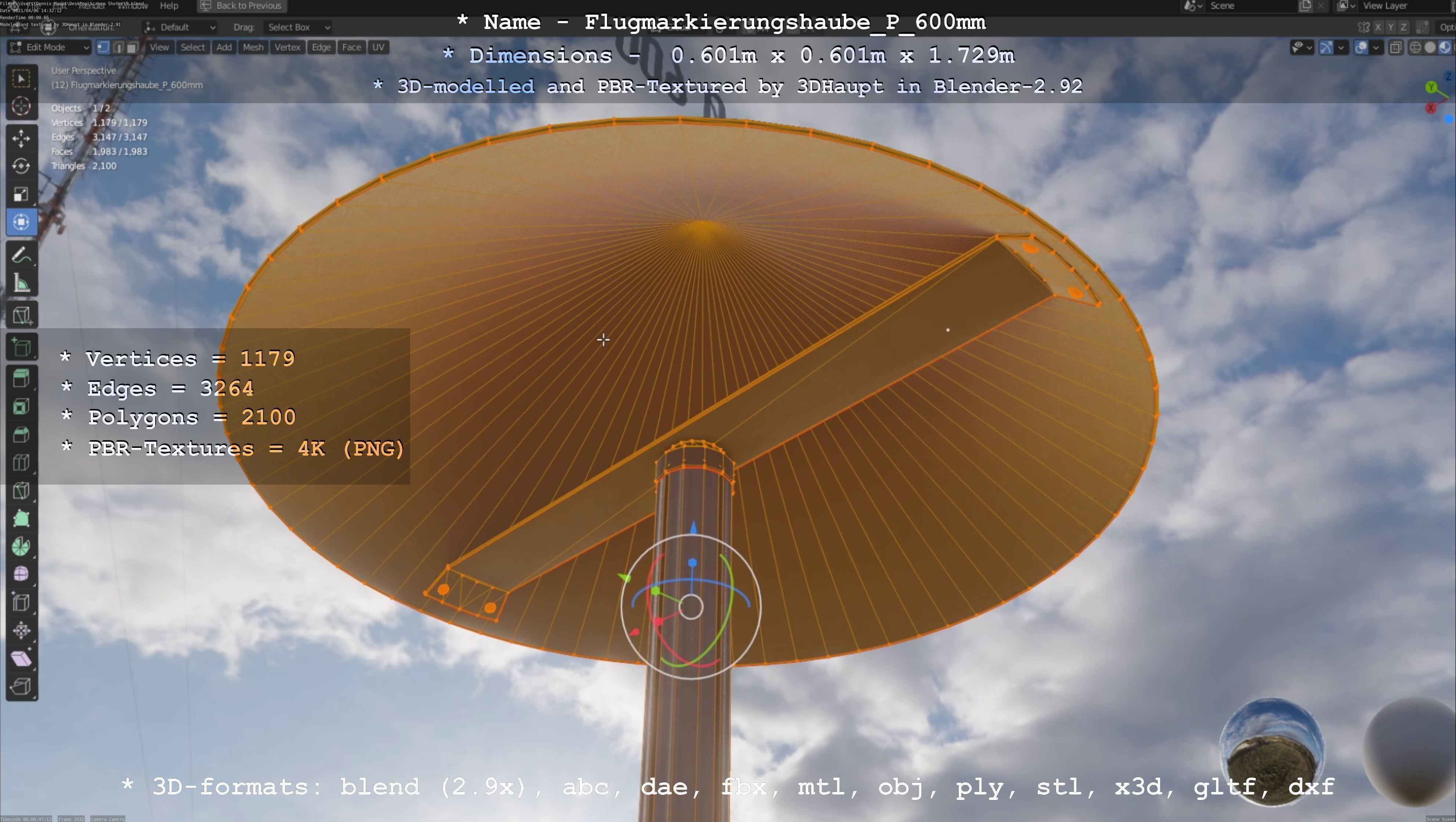 Flugmarkierungshaube mit Aluminiumpfosten  600mm Low-poly 3D model_82