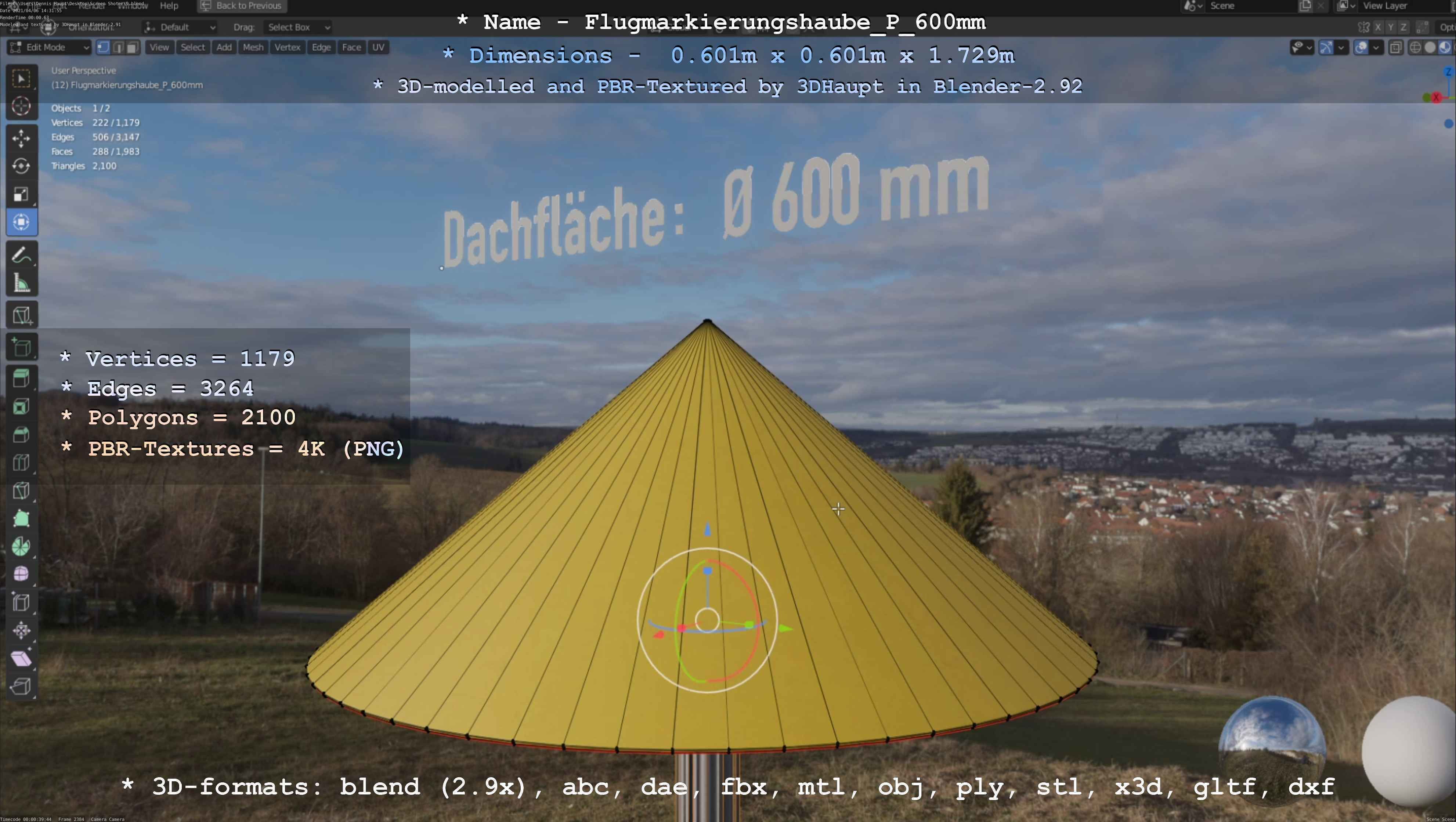 Flugmarkierungshaube mit Aluminiumpfosten  600mm Low-poly 3D model_60