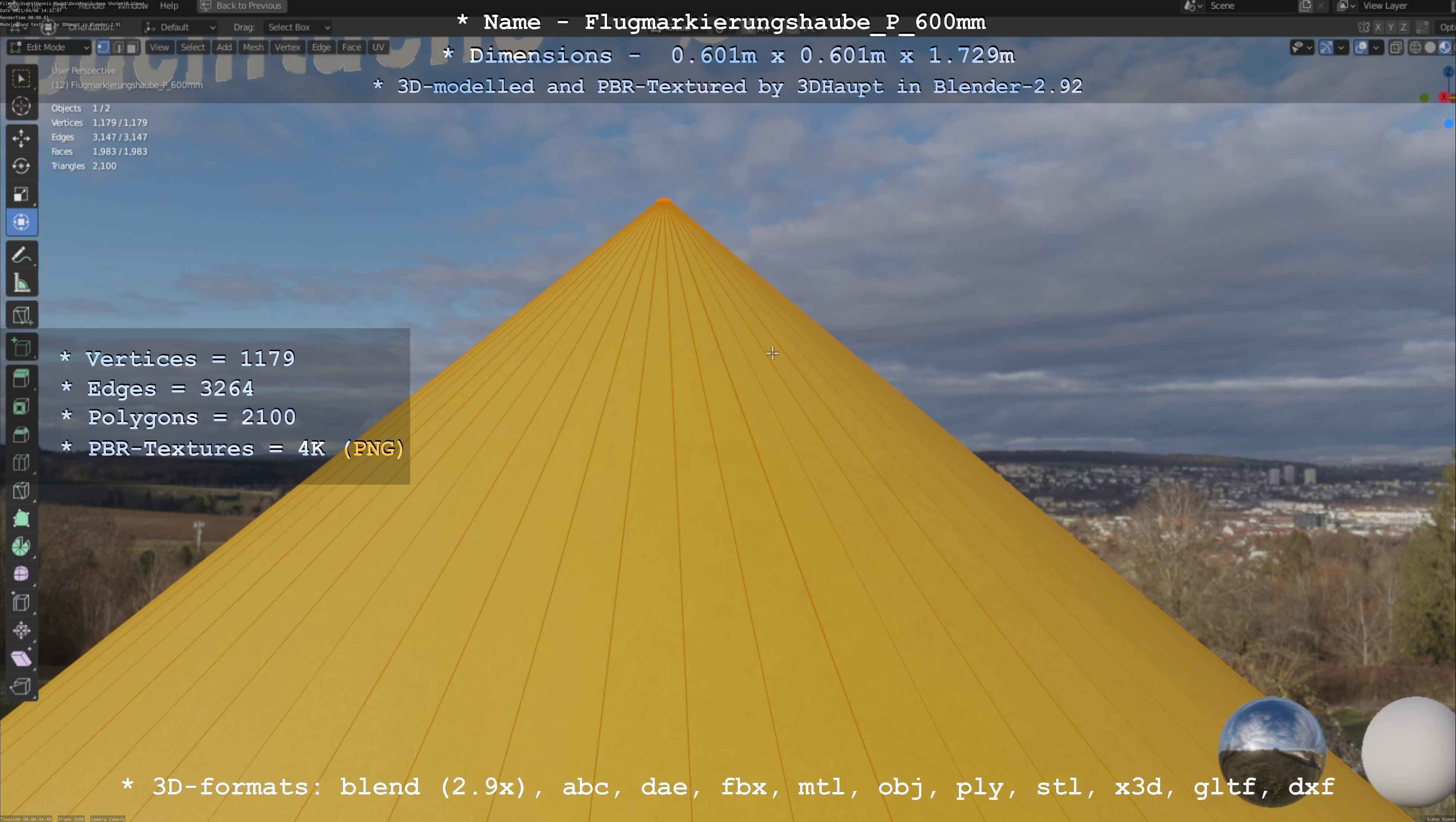Flugmarkierungshaube mit Aluminiumpfosten  600mm Low-poly 3D model_64