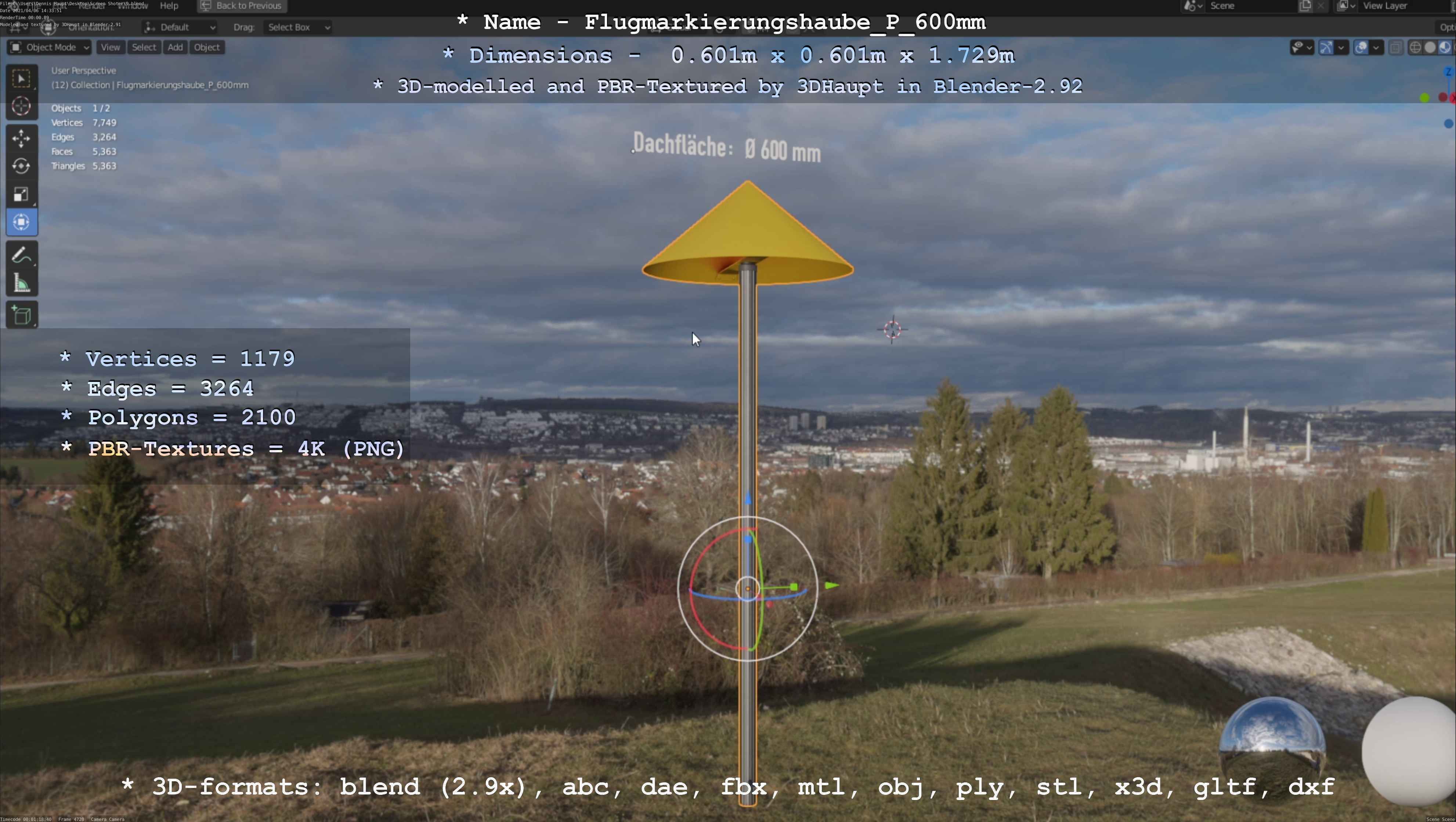 Flugmarkierungshaube mit Aluminiumpfosten  600mm Low-poly 3D model_36