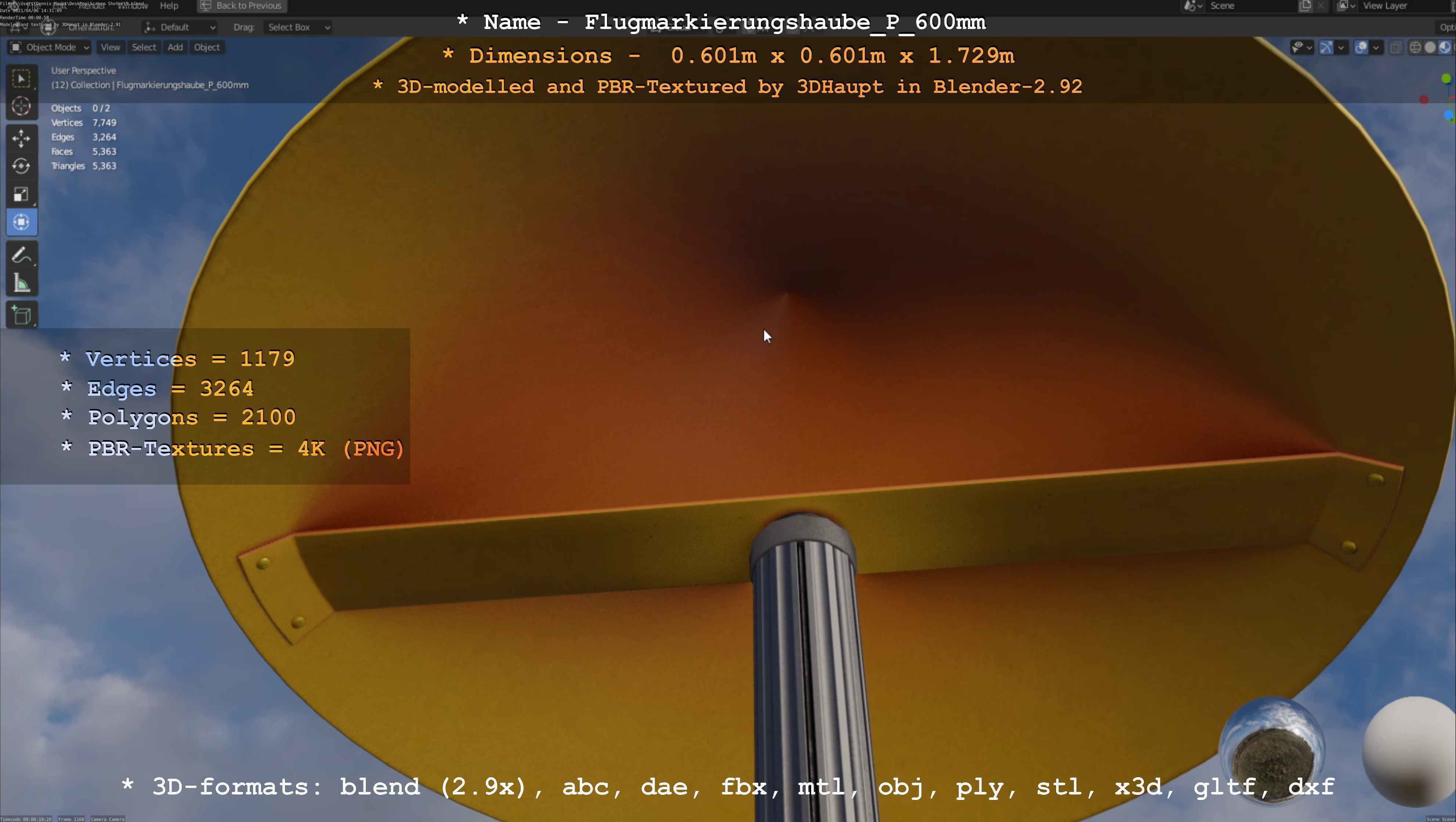 Flugmarkierungshaube mit Aluminiumpfosten  600mm Low-poly 3D model_19