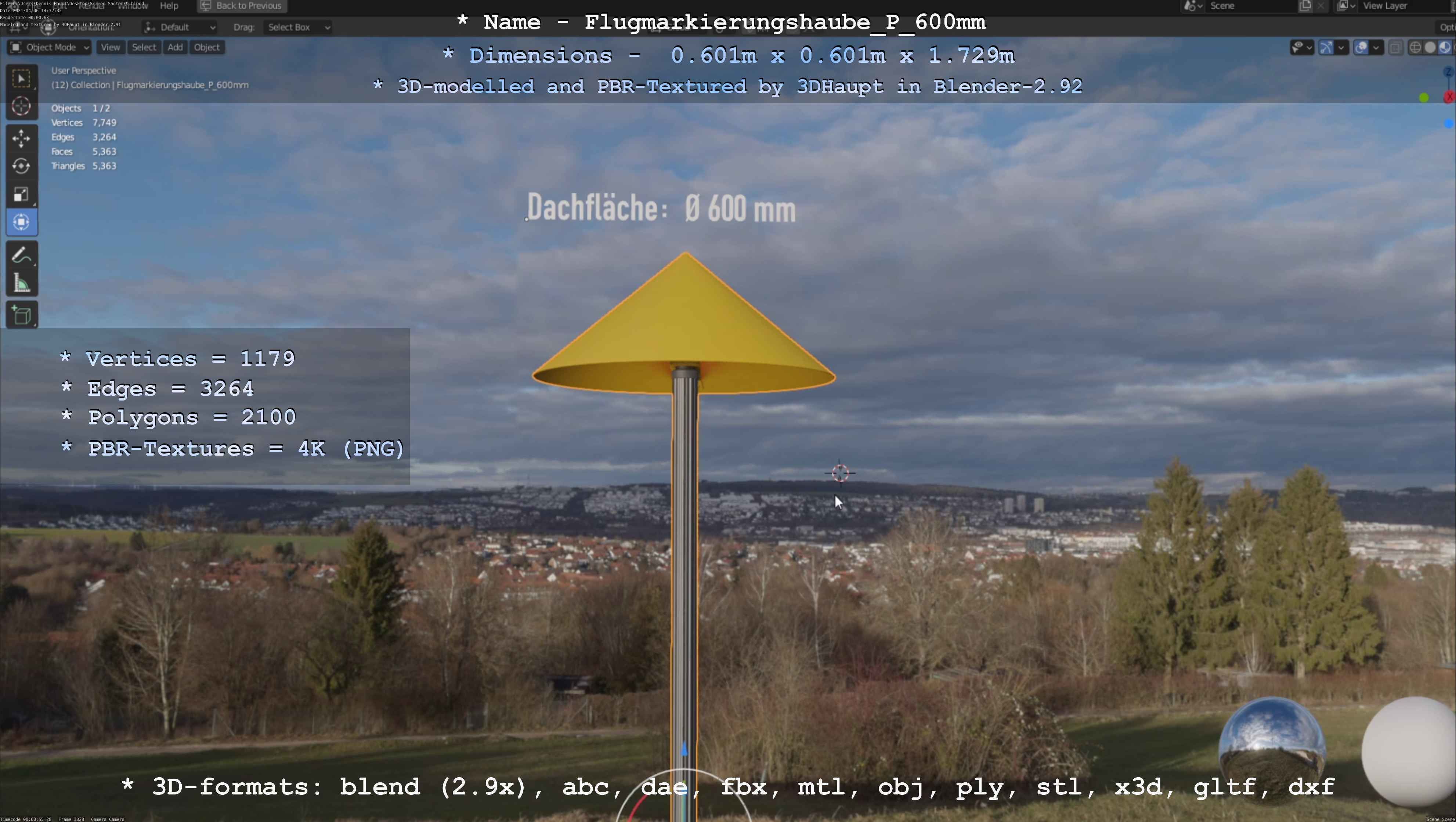 Flugmarkierungshaube mit Aluminiumpfosten  600mm Low-poly 3D model_30