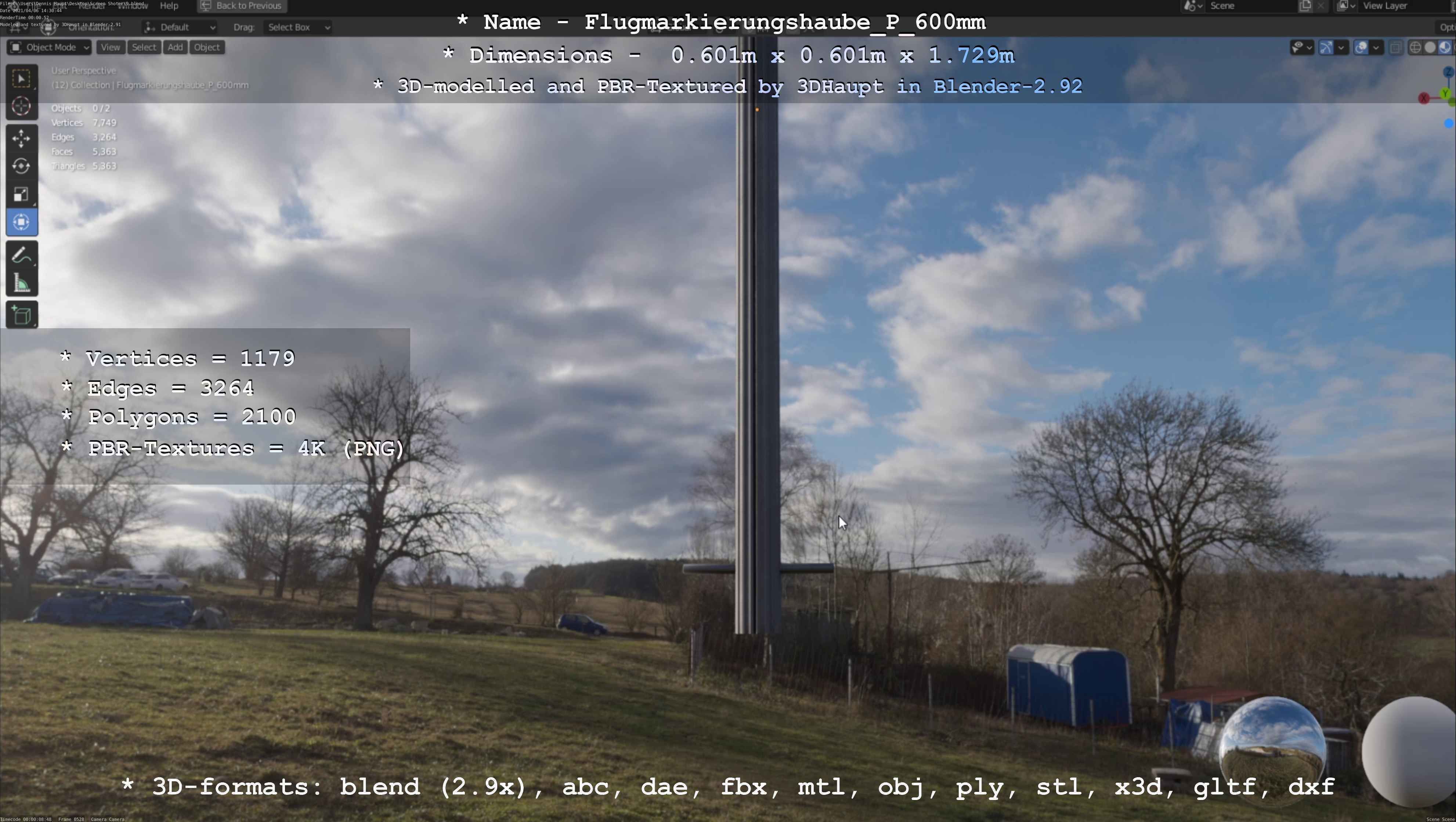 Flugmarkierungshaube mit Aluminiumpfosten  600mm Low-poly 3D model_11