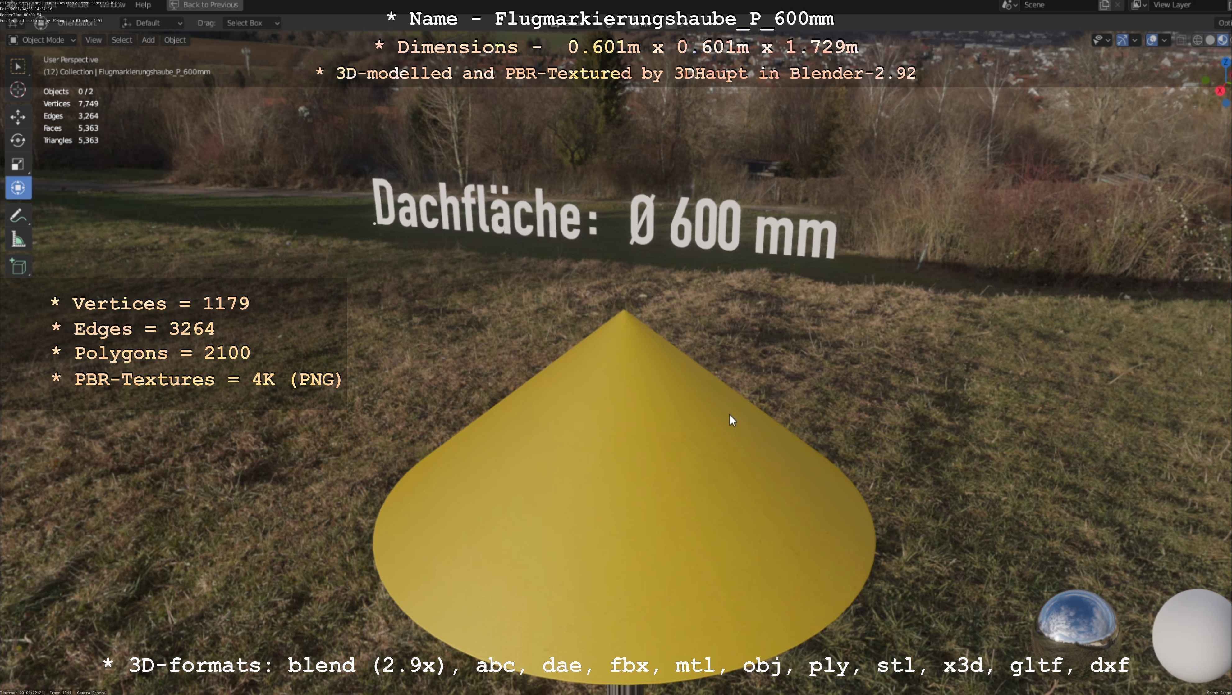 Flugmarkierungshaube mit Aluminiumpfosten  600mm Low-poly 3D model_42