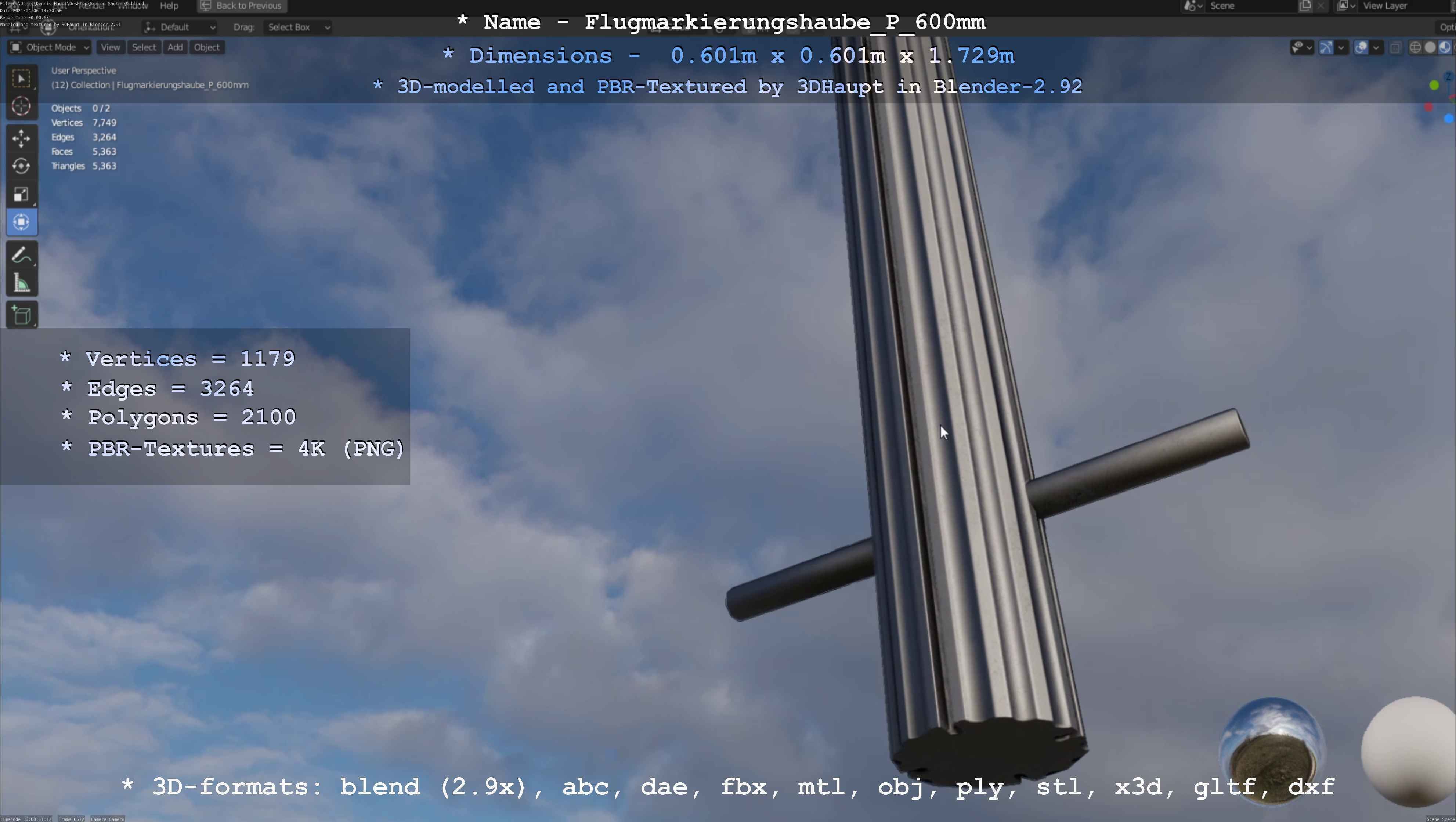 Flugmarkierungshaube mit Aluminiumpfosten  600mm Low-poly 3D model_119