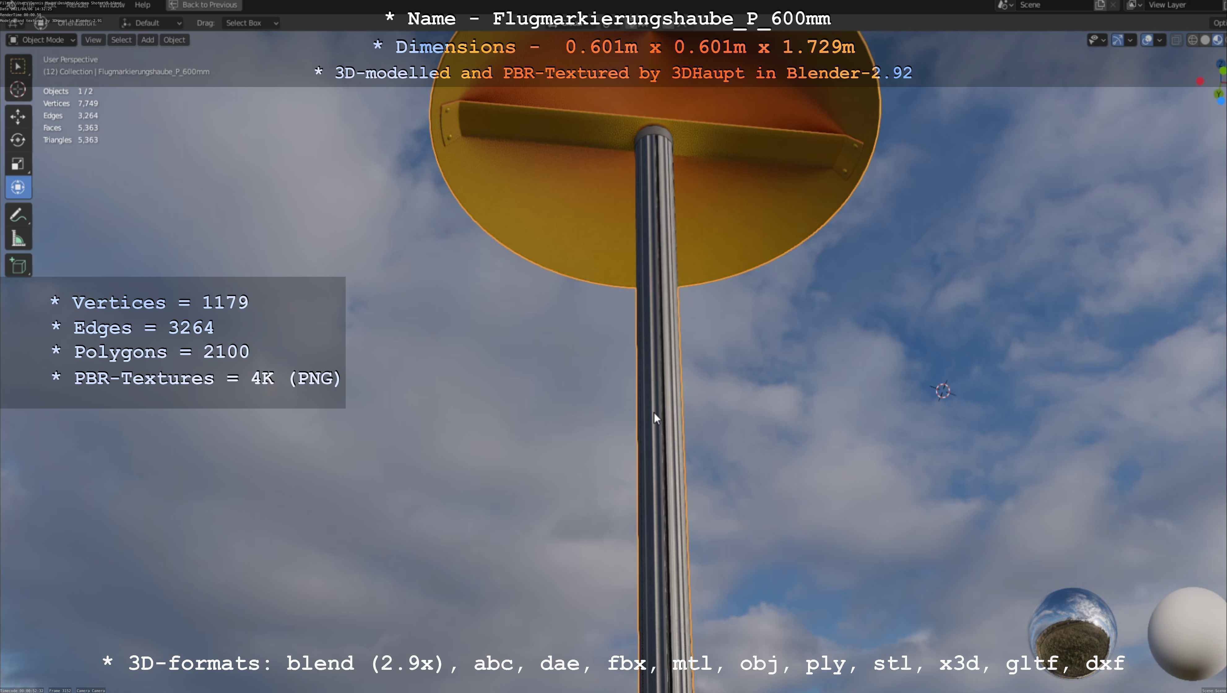 Flugmarkierungshaube mit Aluminiumpfosten  600mm Low-poly 3D model_29