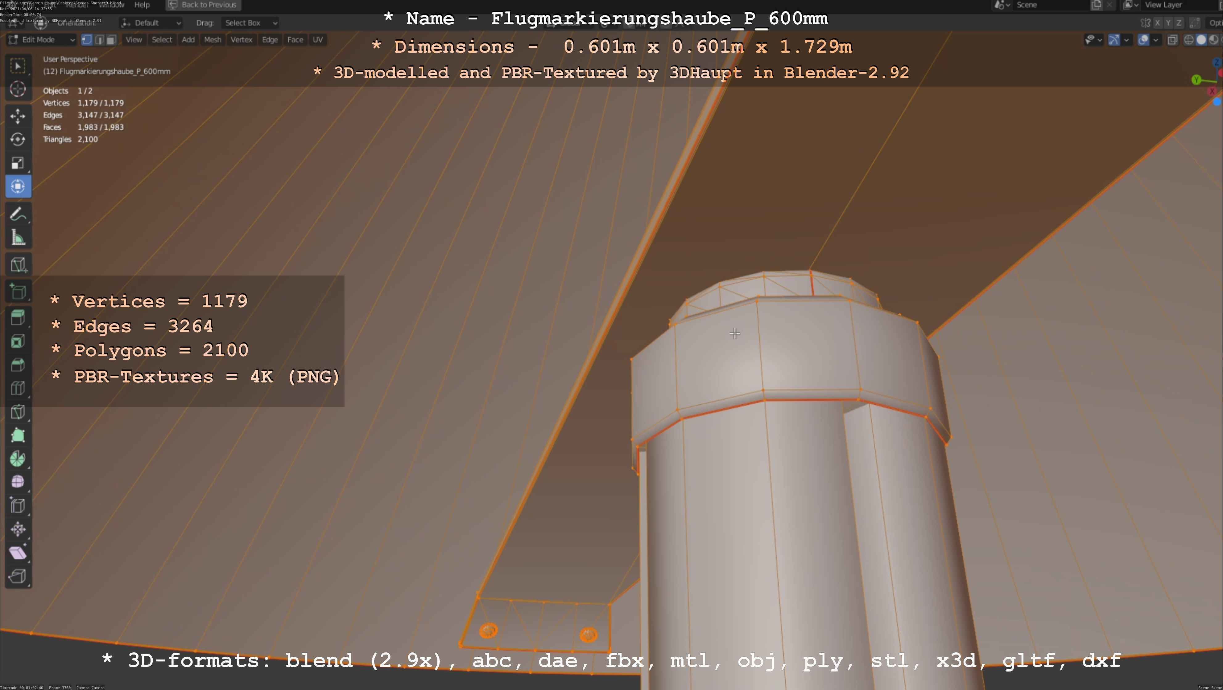 Flugmarkierungshaube mit Aluminiumpfosten  600mm Low-poly 3D model_95