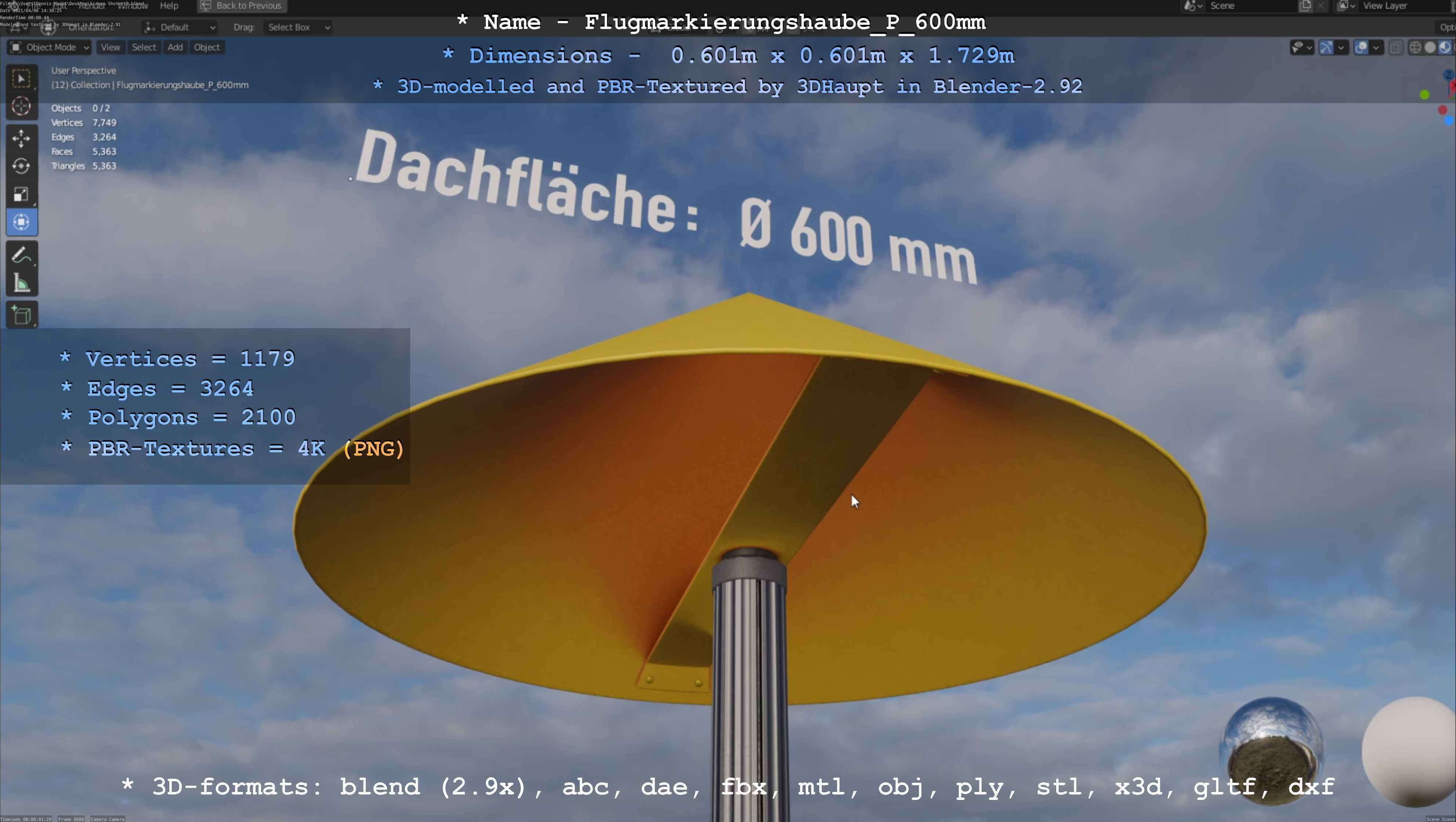 Flugmarkierungshaube mit Aluminiumpfosten  600mm Low-poly 3D model_4