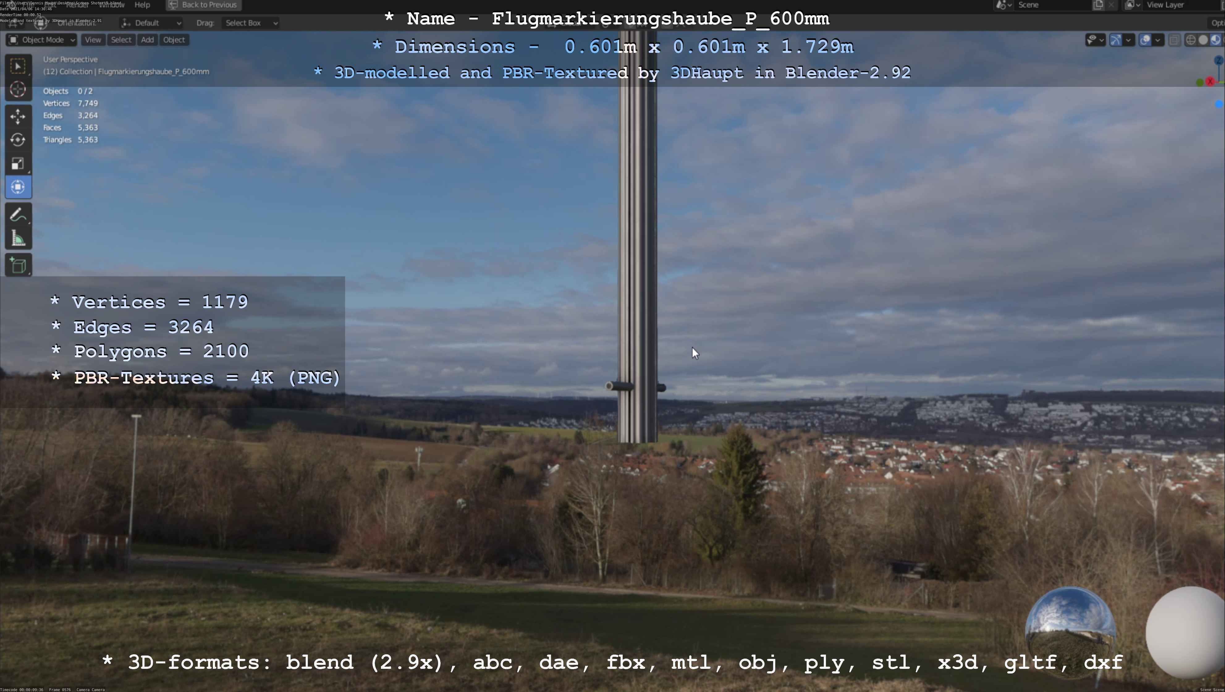 Flugmarkierungshaube mit Aluminiumpfosten  600mm Low-poly 3D model_114