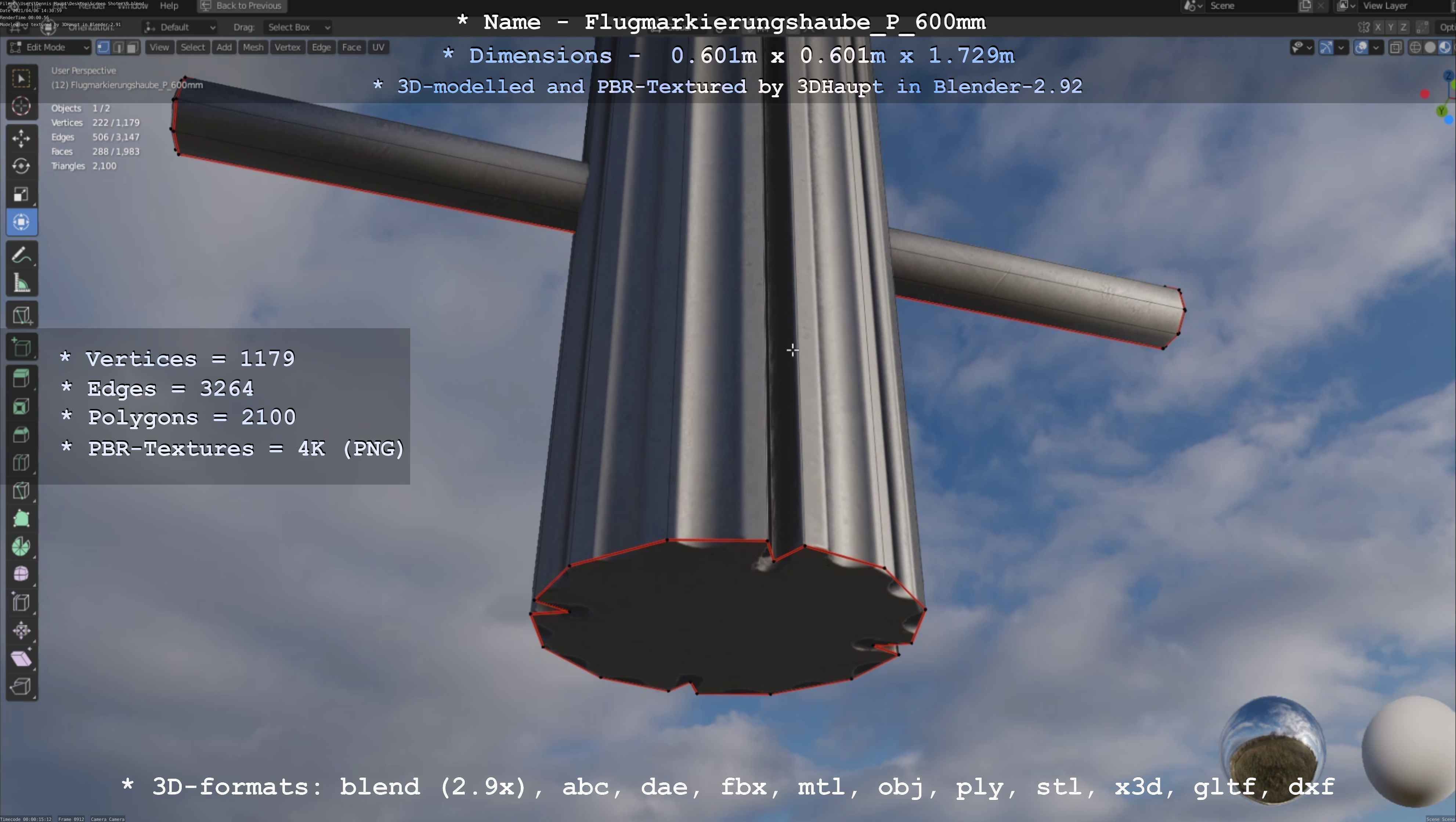 Flugmarkierungshaube mit Aluminiumpfosten  600mm Low-poly 3D model_14