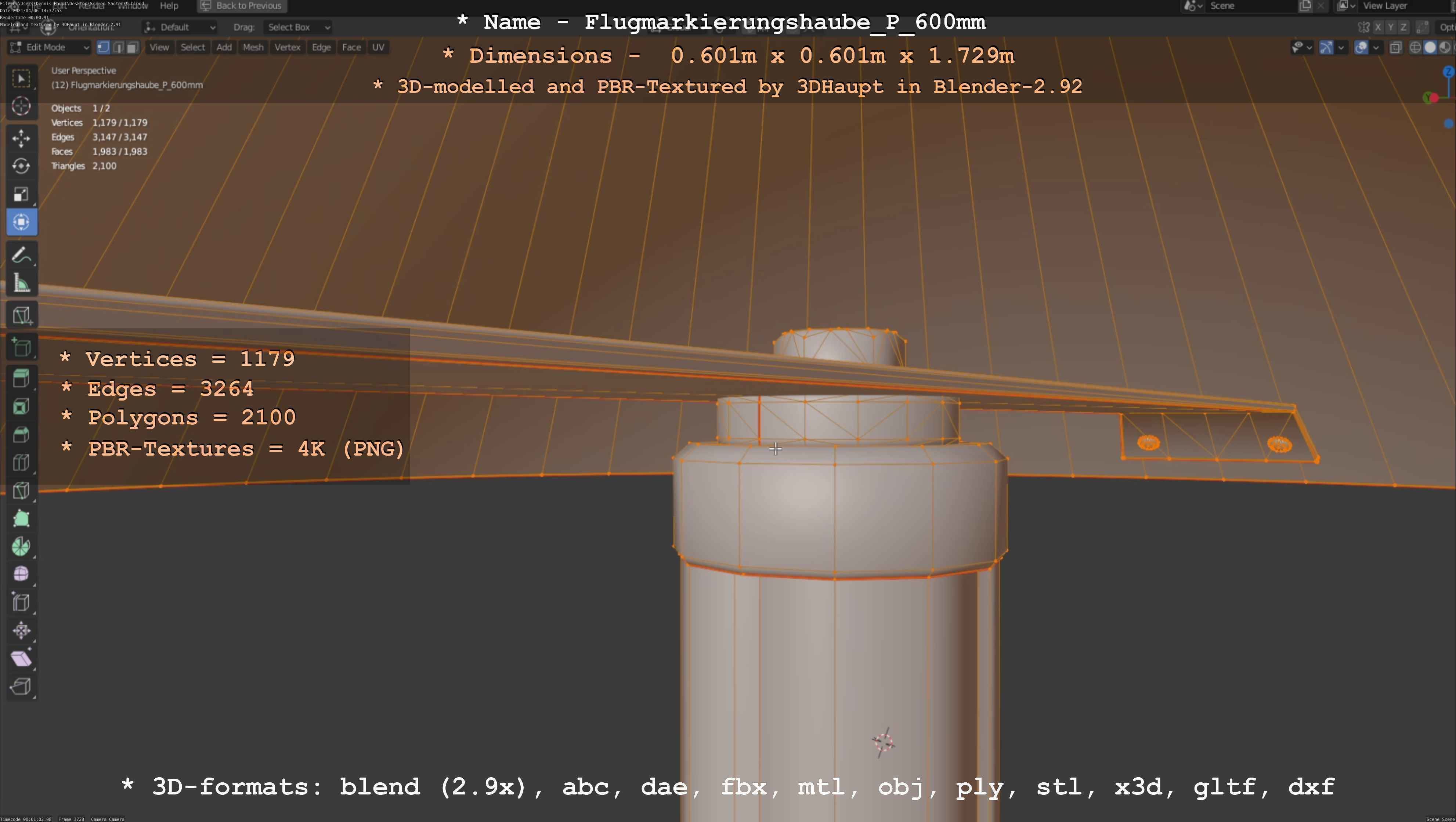 Flugmarkierungshaube mit Aluminiumpfosten  600mm Low-poly 3D model_34