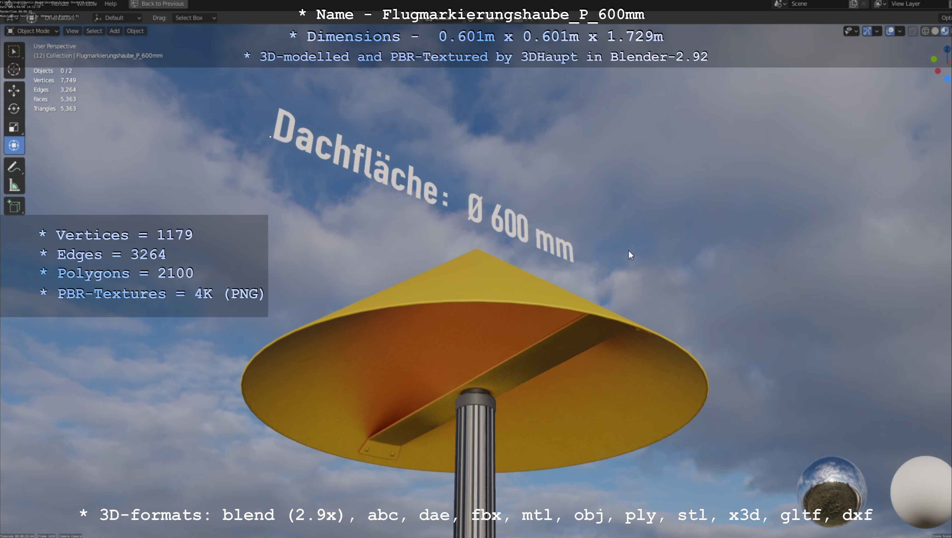Flugmarkierungshaube mit Aluminiumpfosten  600mm Low-poly 3D model_40